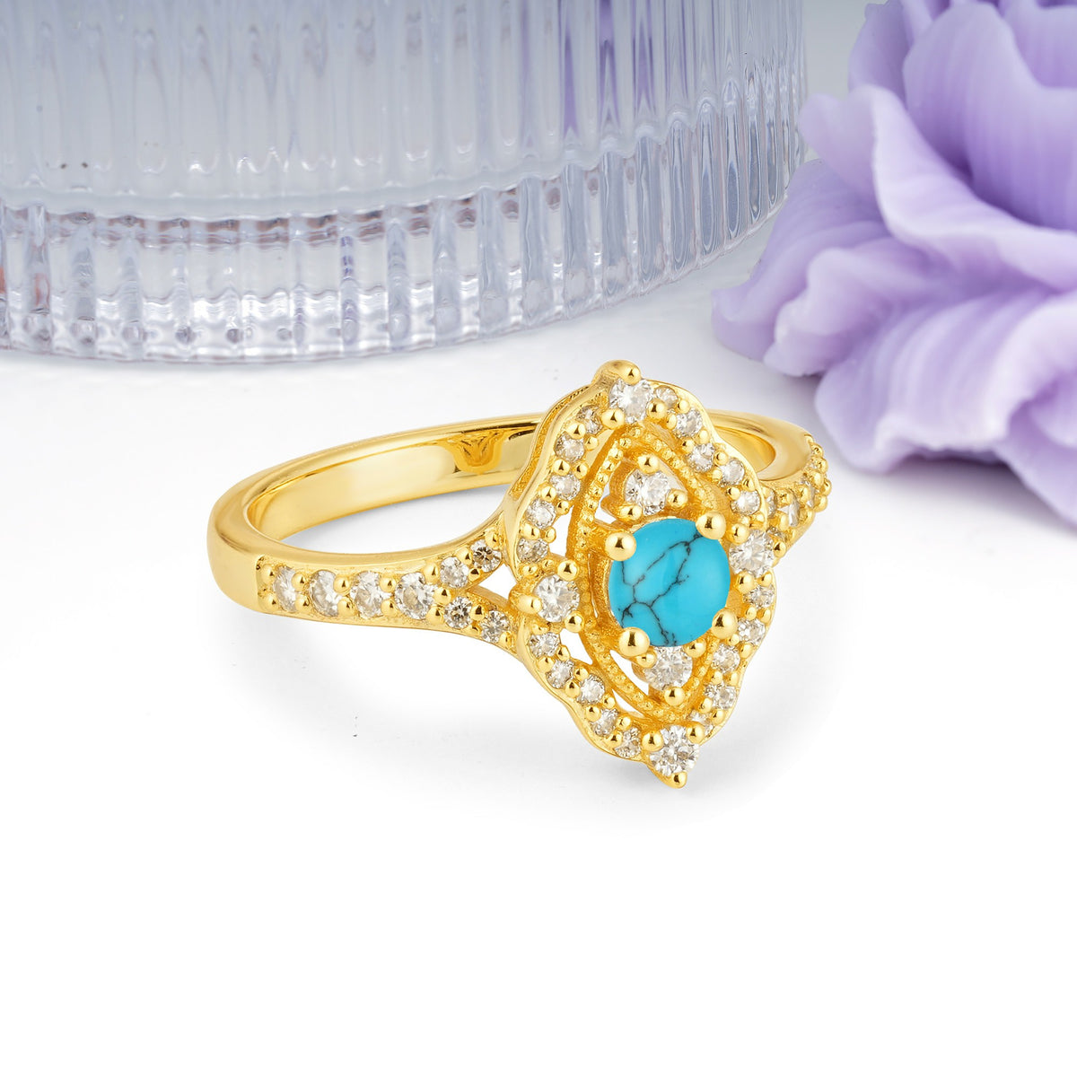 Vintage Art‑Deco Round Cut Turquoise Open‑Filigree Halo Engagement Ring - Additional view