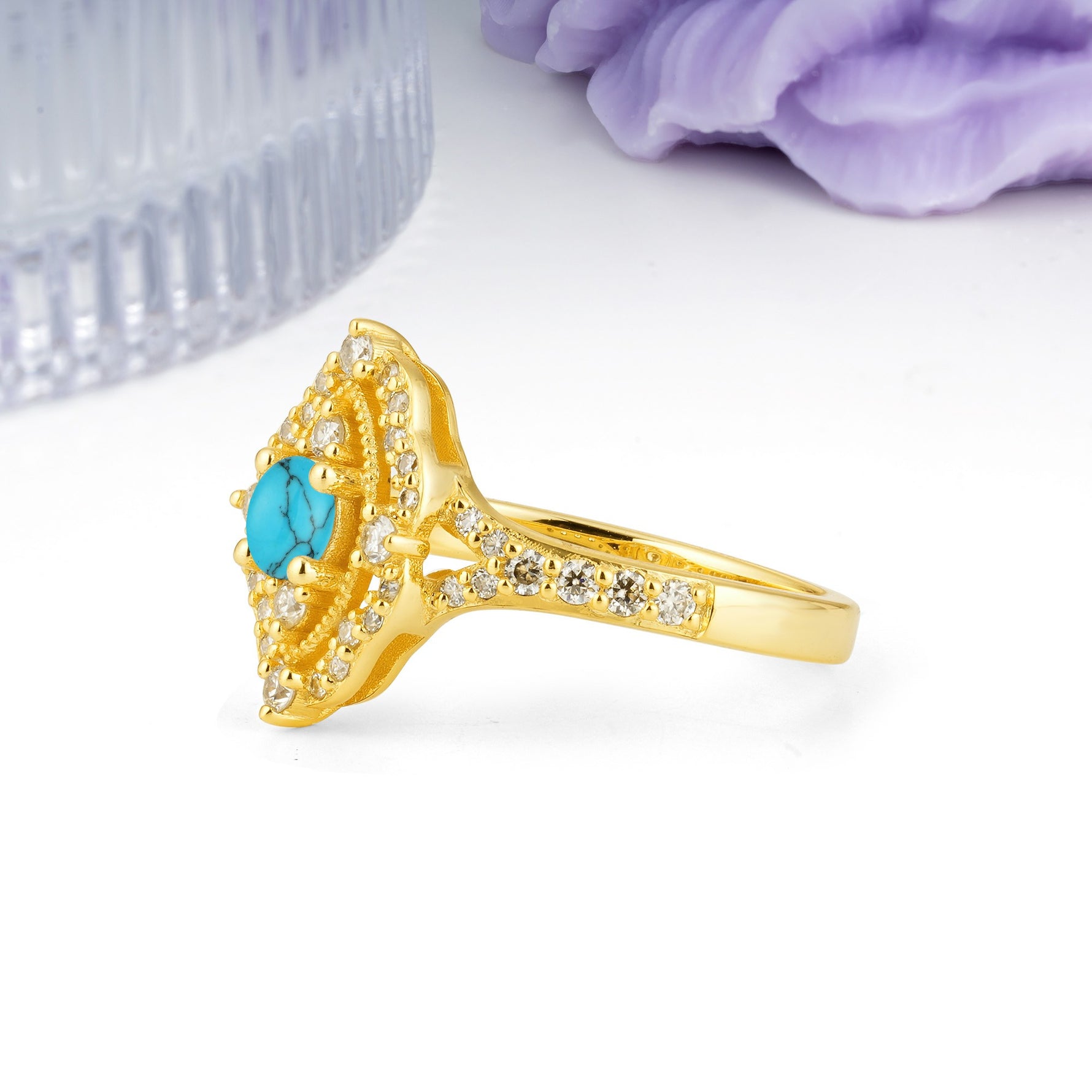 Vintage Art‑Deco Round Cut Turquoise Open‑Filigree Halo Engagement Ring - Additional view