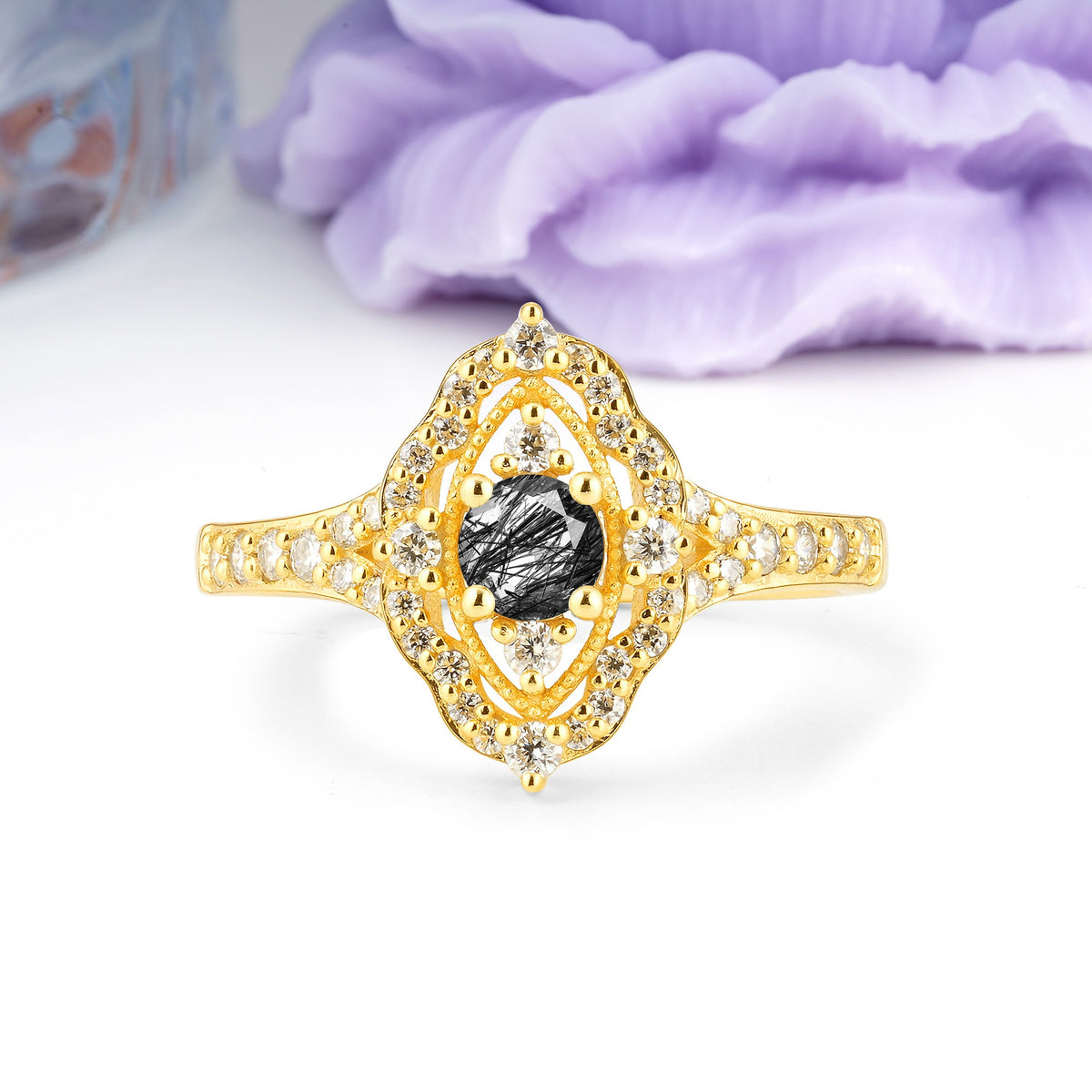 Vintage Art‑Deco Round Cut Black Rutilated Quartz Open‑Filigree Halo Engagement Ring - Additional view
