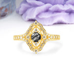 Vintage Art‑Deco Round Cut Black Rutilated Quartz Open‑Filigree Halo Engagement Ring - Additional view