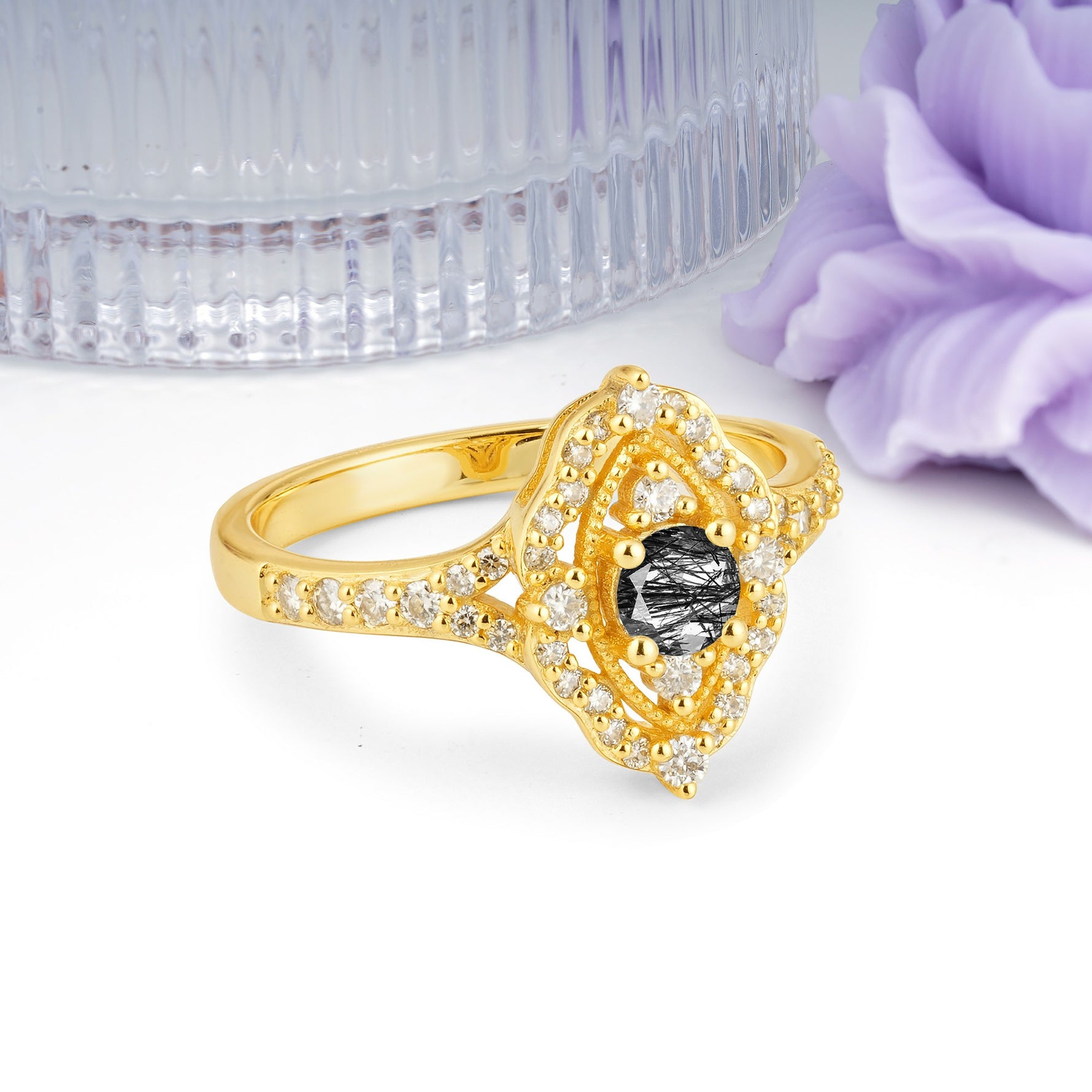 Vintage Art‑Deco Round Cut Black Rutilated Quartz Open‑Filigree Halo Engagement Ring - Additional view
