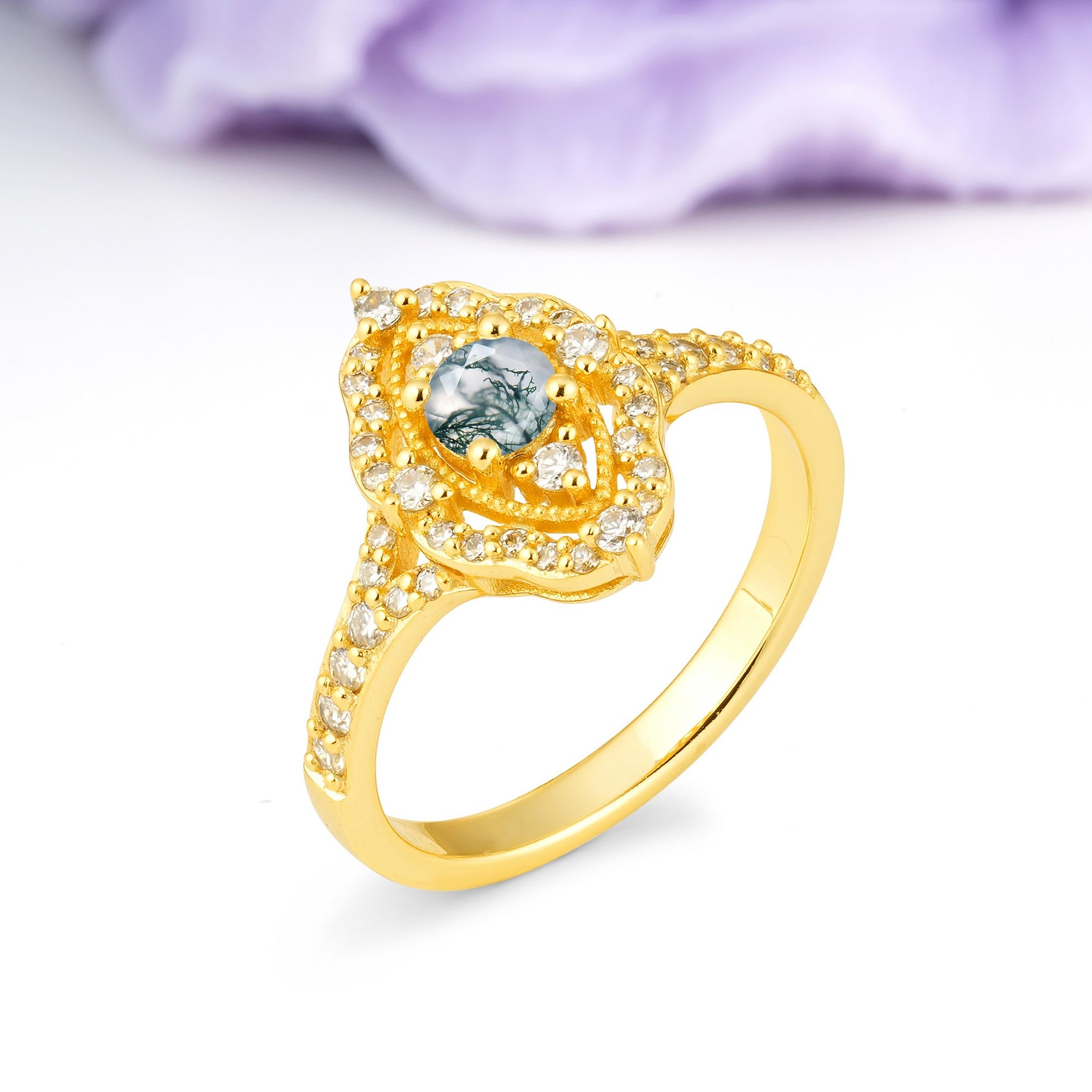 Vintage Art‑Deco Round Cut Moss Agate Open‑Filigree Halo Engagement Ring - Additional view