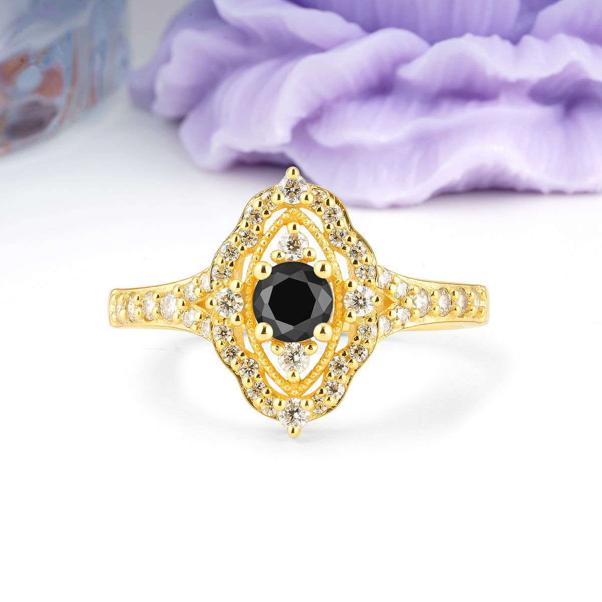 Vintage Art‑Deco Round Cut Black Onyx Open‑Filigree Halo Engagement Ring - Additional view