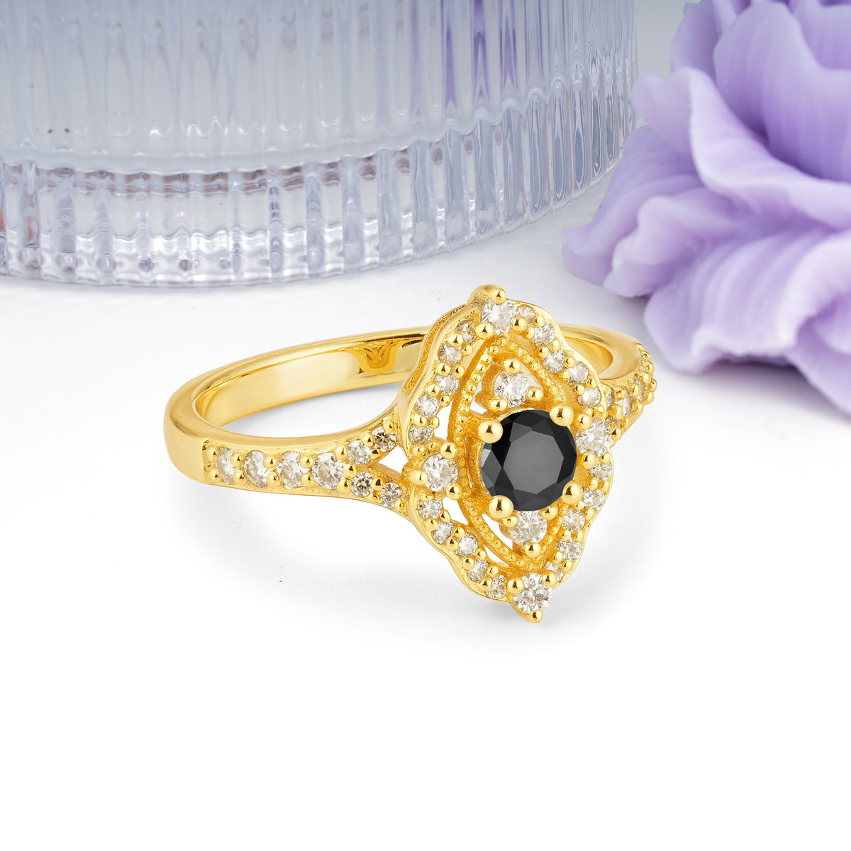 Vintage Art‑Deco Round Cut Black Onyx Open‑Filigree Halo Engagement Ring - Additional view