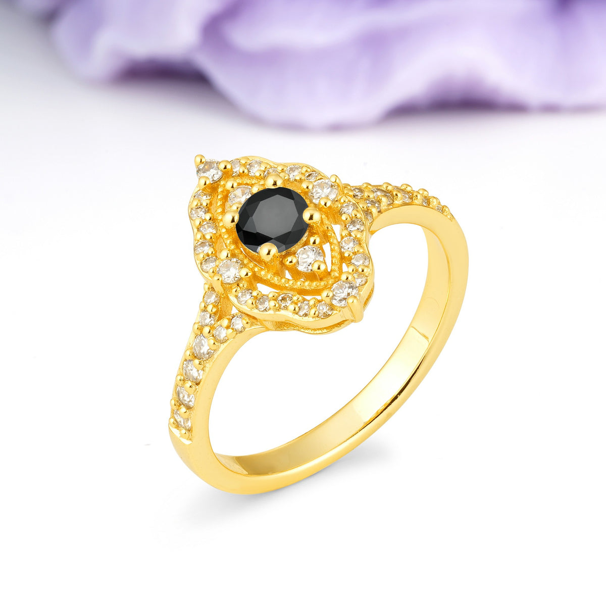 Vintage Art‑Deco Round Cut Black Onyx Open‑Filigree Halo Engagement Ring - Additional view