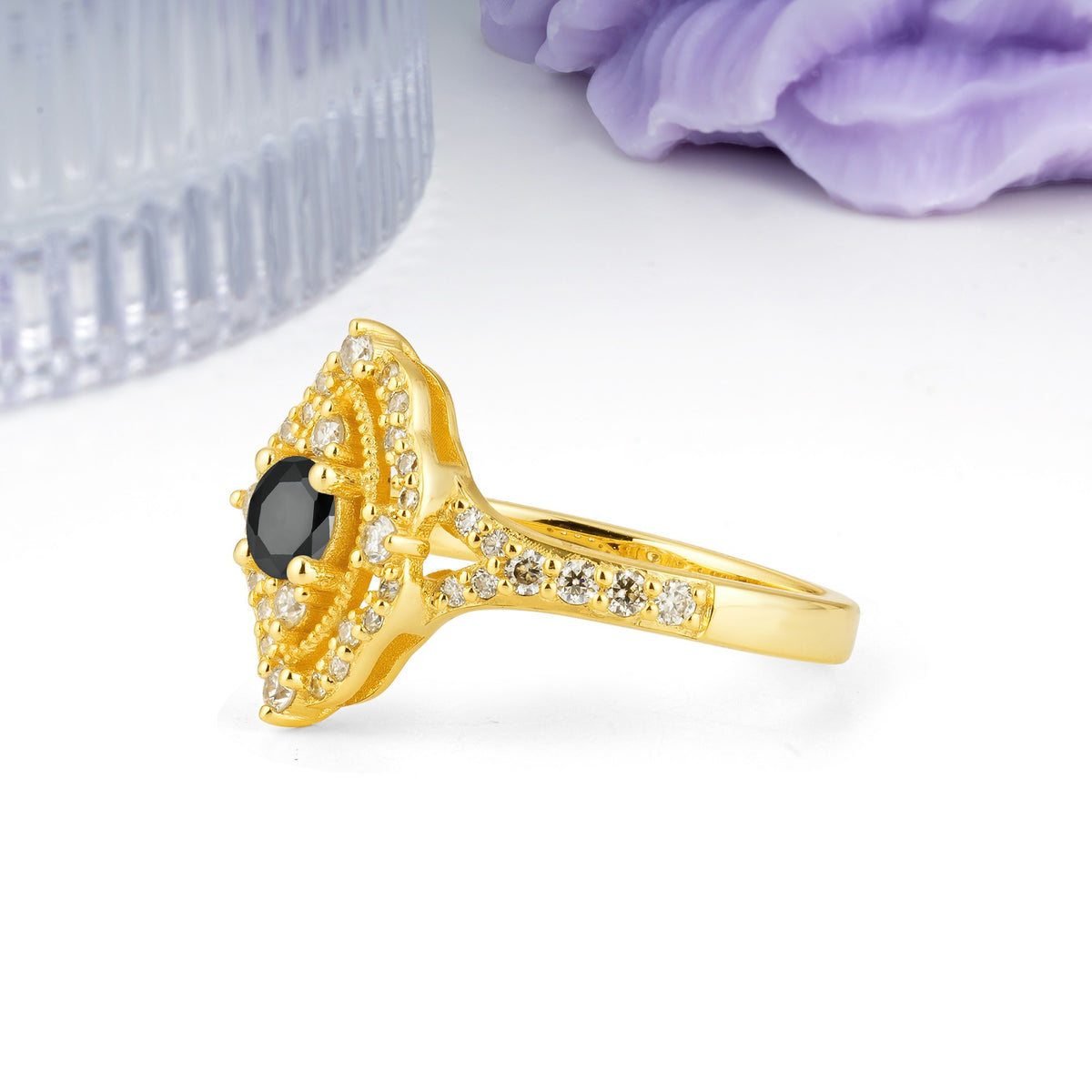 Vintage Art‑Deco Round Cut Black Onyx Open‑Filigree Halo Engagement Ring - Additional view