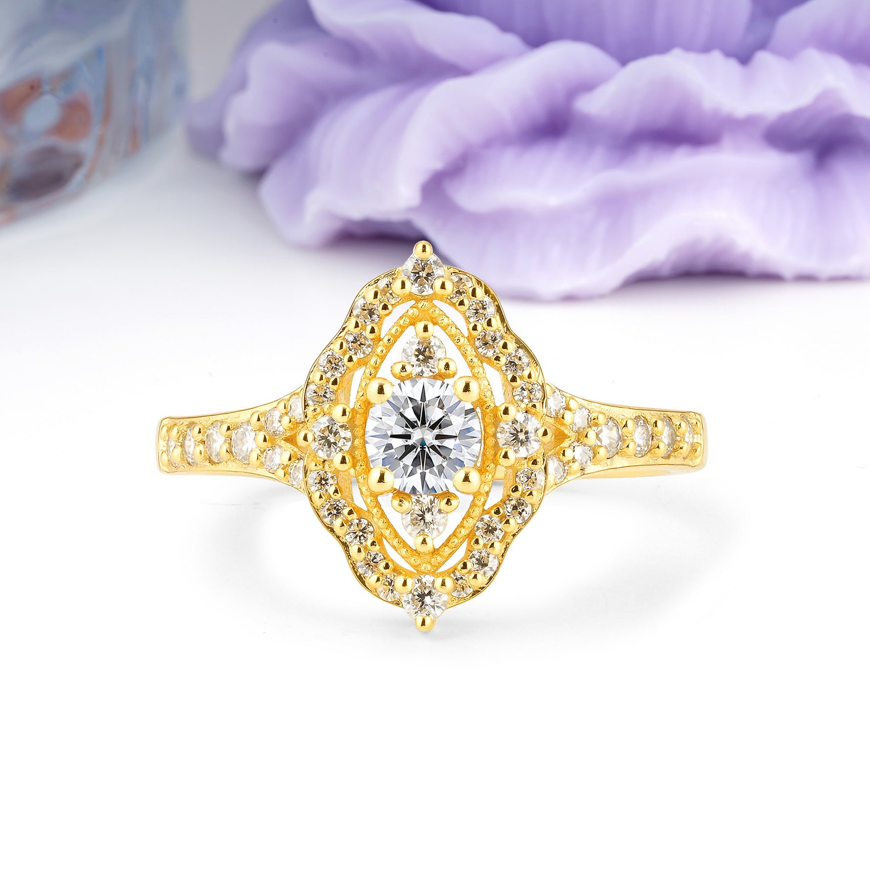 Vintage Art‑Deco Round Cut Lab Diamond Open‑Filigree Halo Engagement Ring - Additional view