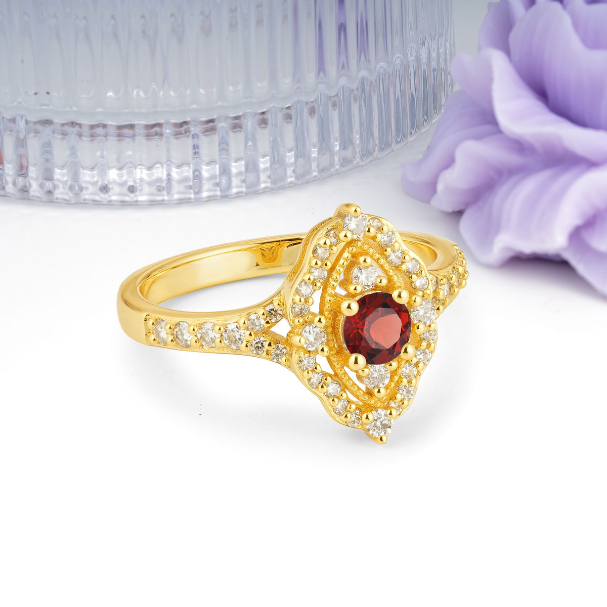Vintage Art‑Deco Round Cut Garnet Open‑Filigree Halo Engagement Ring - Additional view