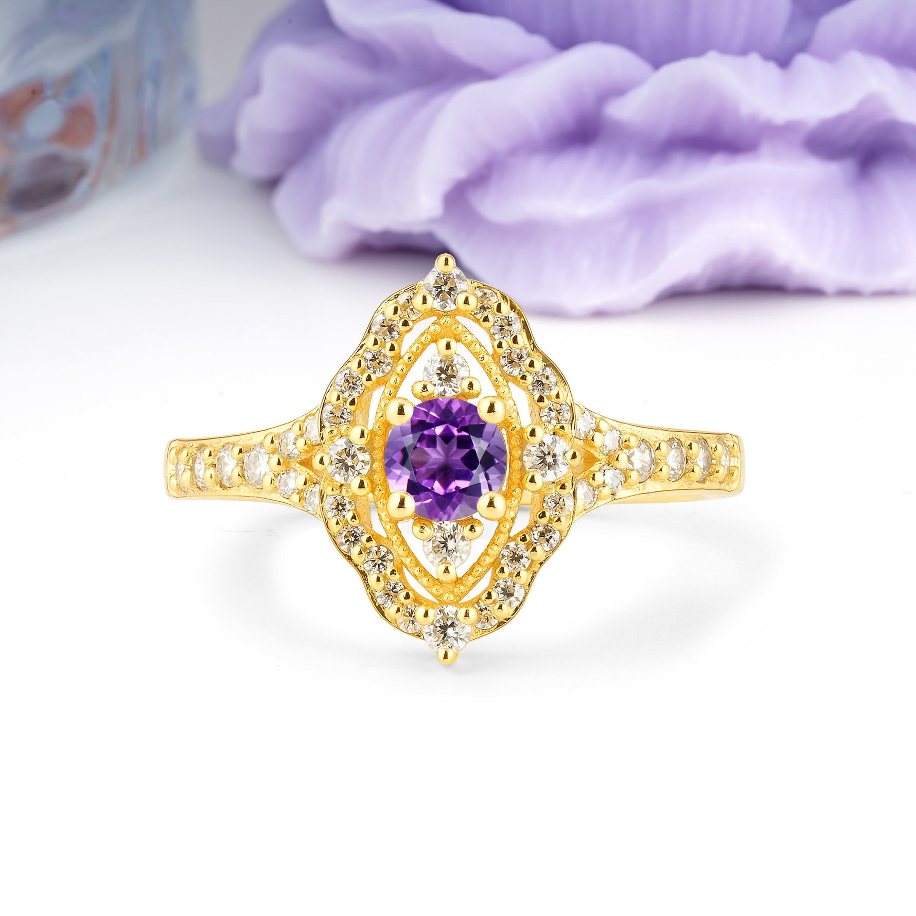 Vintage Art‑Deco Round Cut Amethyst Open‑Filigree Halo Engagement Ring - Additional view