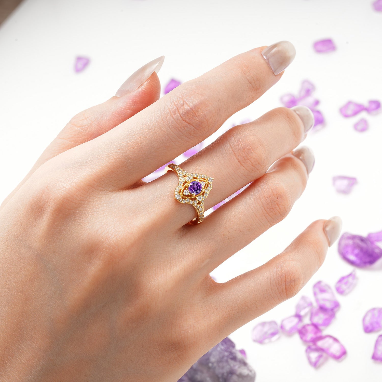 Vintage Art‑Deco Round Cut Amethyst Open‑Filigree Halo Engagement Ring - Additional view