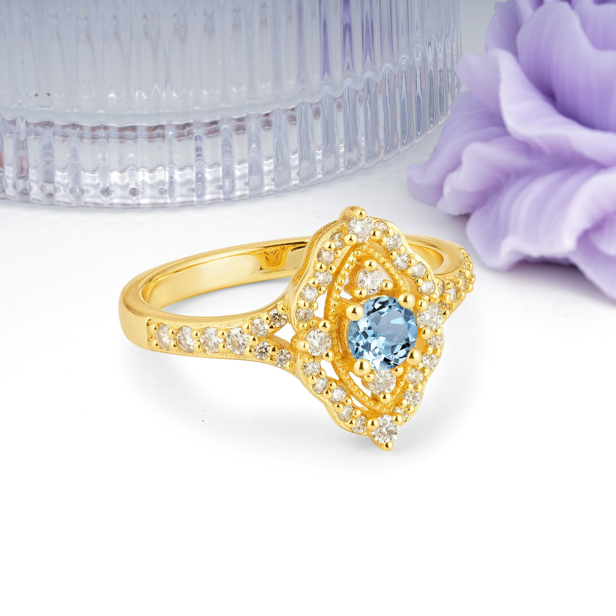 Vintage Art‑Deco Round Cut Aquamarine Open‑Filigree Halo Engagement Ring - Additional view
