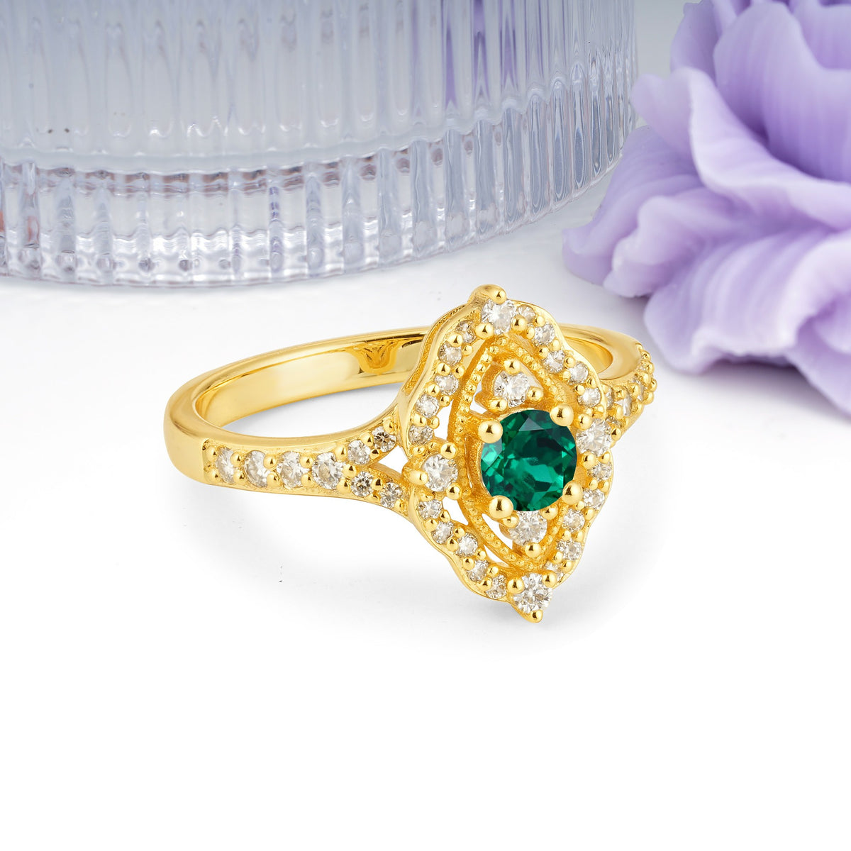 Vintage Art‑Deco Round Cut Emerald Open‑Filigree Halo Engagement Ring - Additional view