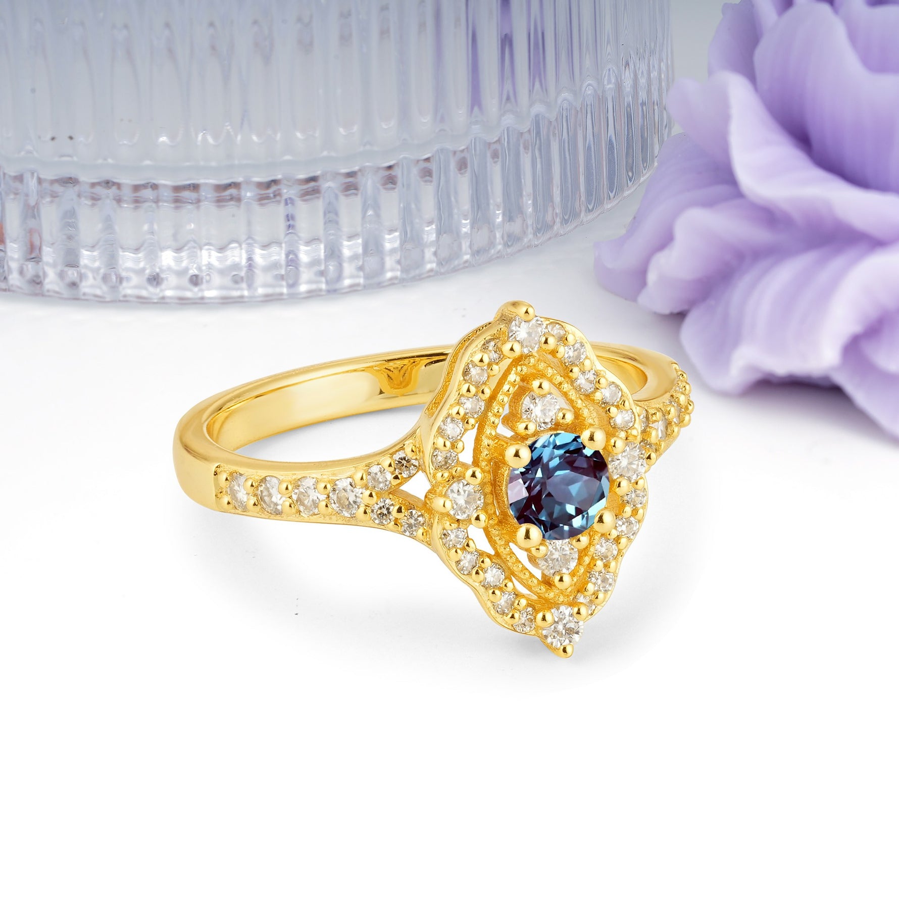 Vintage Art‑Deco Round Cut Alexandrite Open‑Filigree Halo Engagement Ring - Additional view