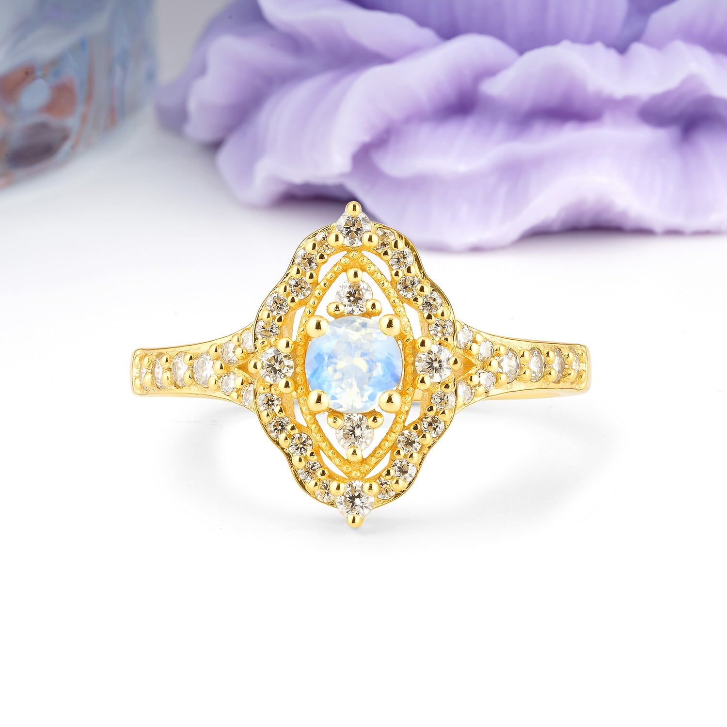 Vintage Art‑Deco Round Cut Moonstone Open‑Filigree Halo Engagement Ring - Additional view