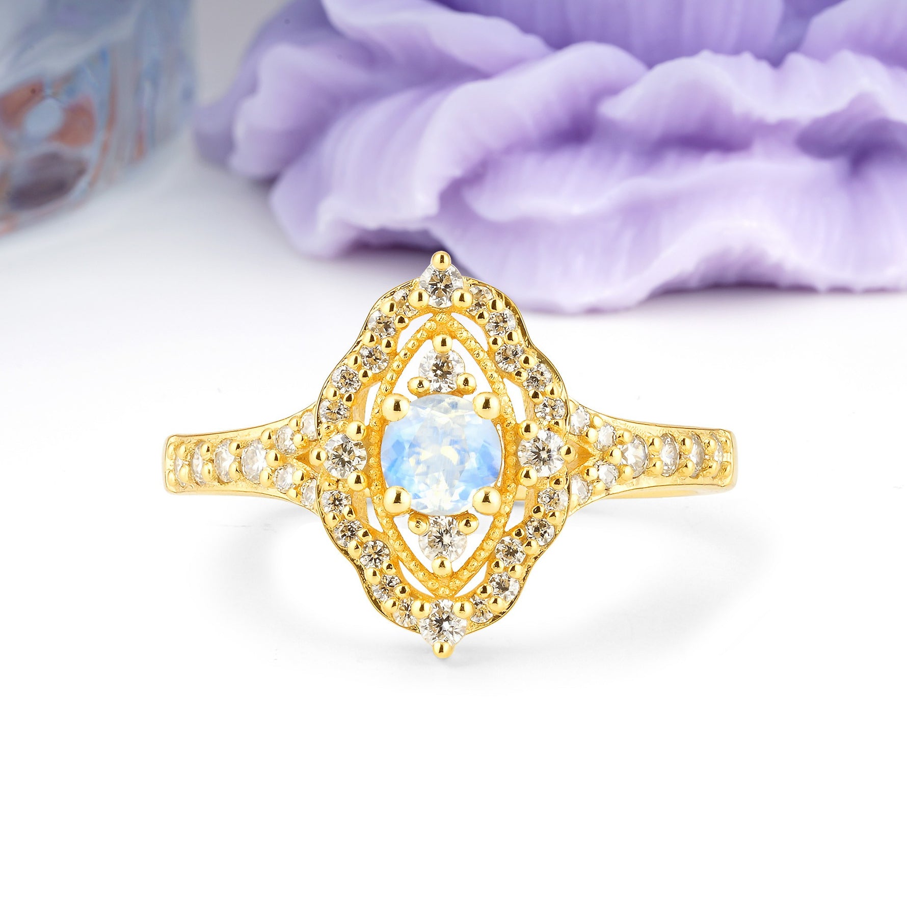 Vintage Art‑Deco Round Cut Moonstone Open‑Filigree Halo Engagement Ring - Additional view