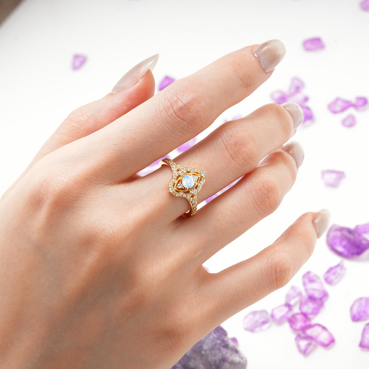 Vintage Art‑Deco Round Cut Moonstone Open‑Filigree Halo Engagement Ring - Additional view