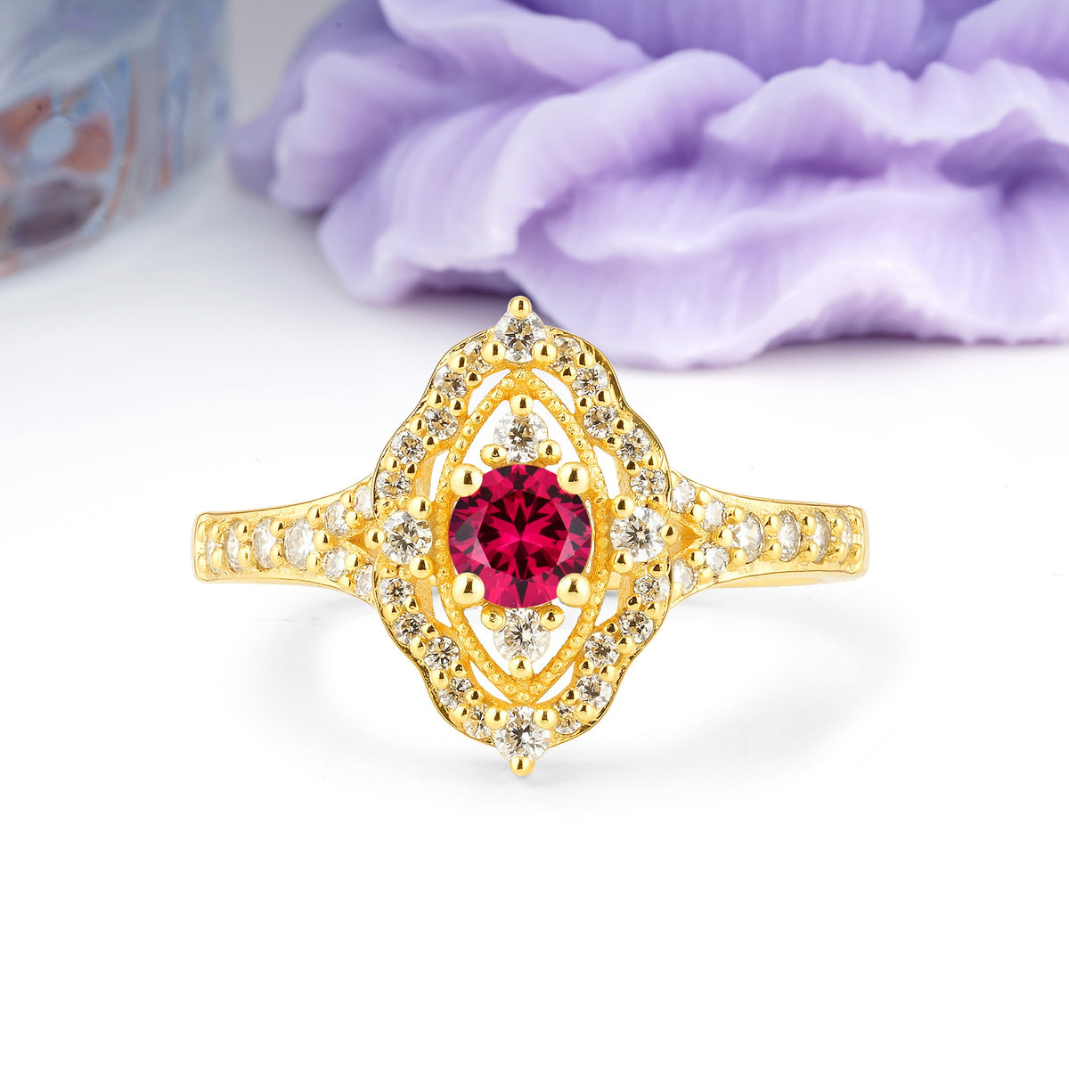 Vintage Art‑Deco Round Cut Ruby Open‑Filigree Halo Engagement Ring - Additional view