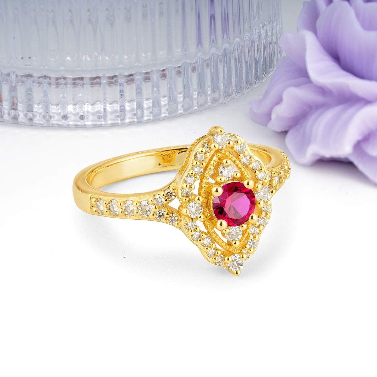 Vintage Art‑Deco Round Cut Ruby Open‑Filigree Halo Engagement Ring - Additional view