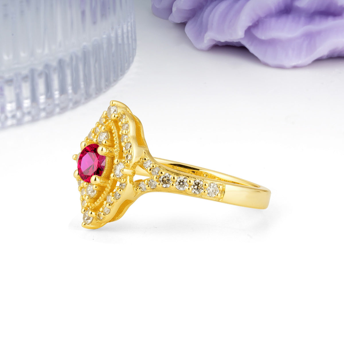 Vintage Art‑Deco Round Cut Ruby Open‑Filigree Halo Engagement Ring - Additional view