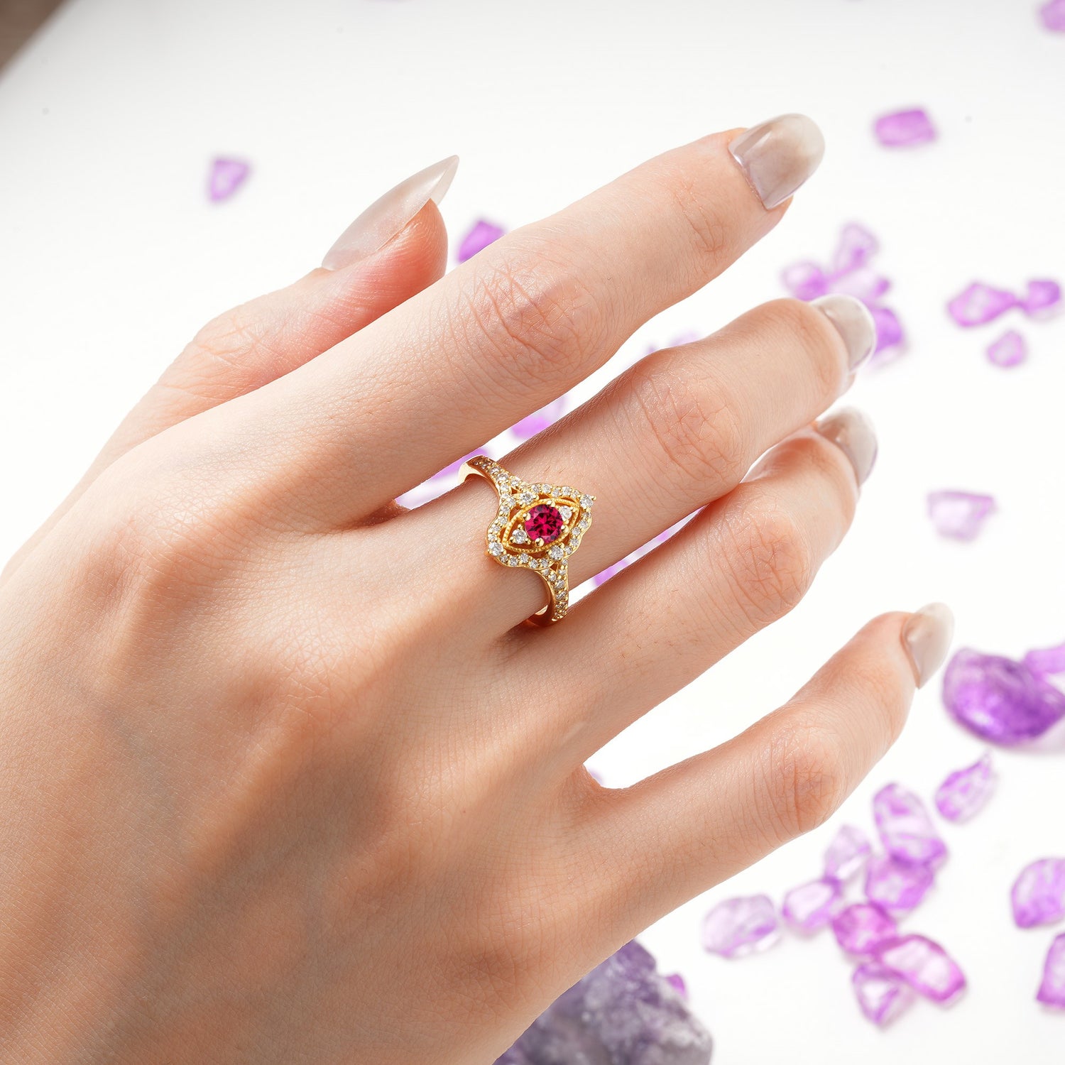 Vintage Art‑Deco Round Cut Ruby Open‑Filigree Halo Engagement Ring - Additional view