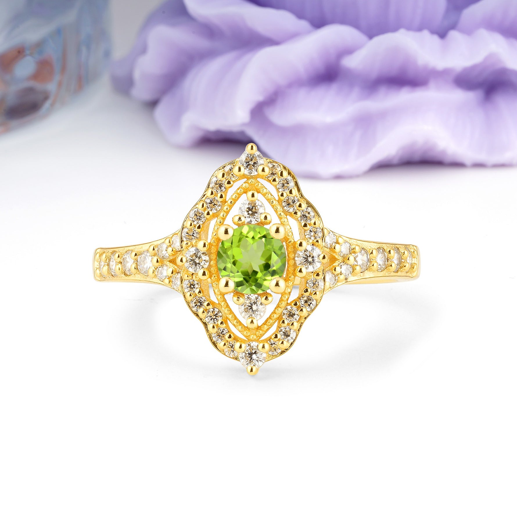 Vintage Art‑Deco Round Cut Peridot Open‑Filigree Halo Engagement Ring - Additional view