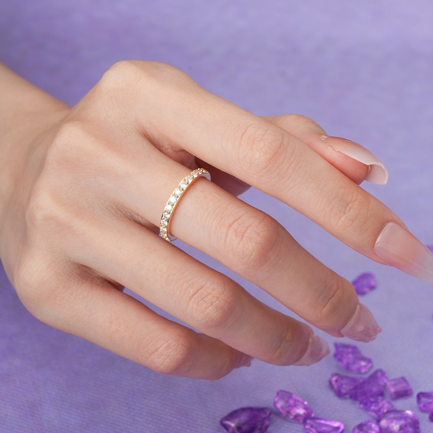 Half Eternity Continuous Round Cut Thin Smooth Band Moissanite Wedding Ring - Additional view