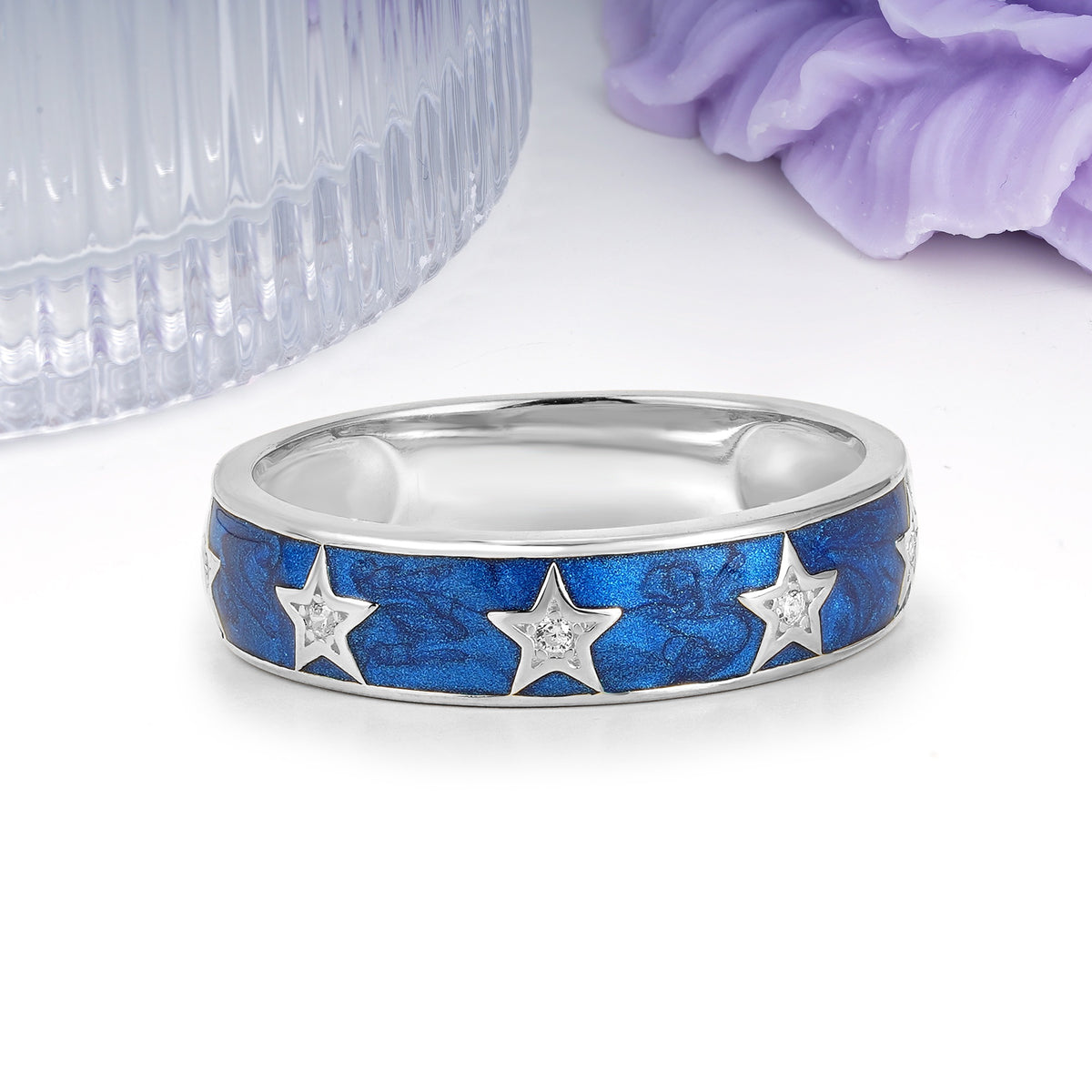 Magical Nebula Blue Enamel Five Star Celestial Groom & Bride Moissanite Wedding Ring - Additional view