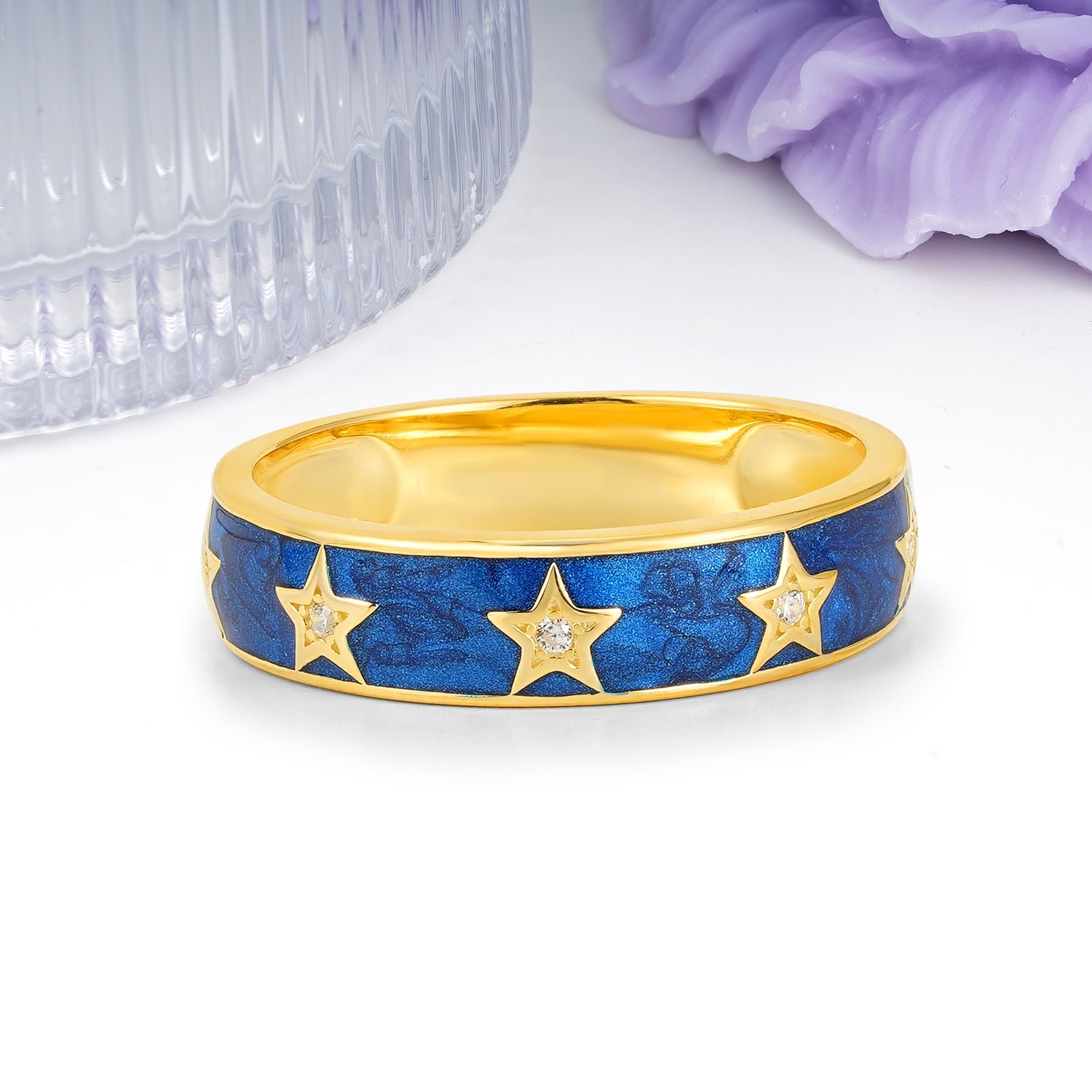 Magical Nebula Blue Enamel Five Star Celestial Groom & Bride Moissanite Wedding Ring - Additional view