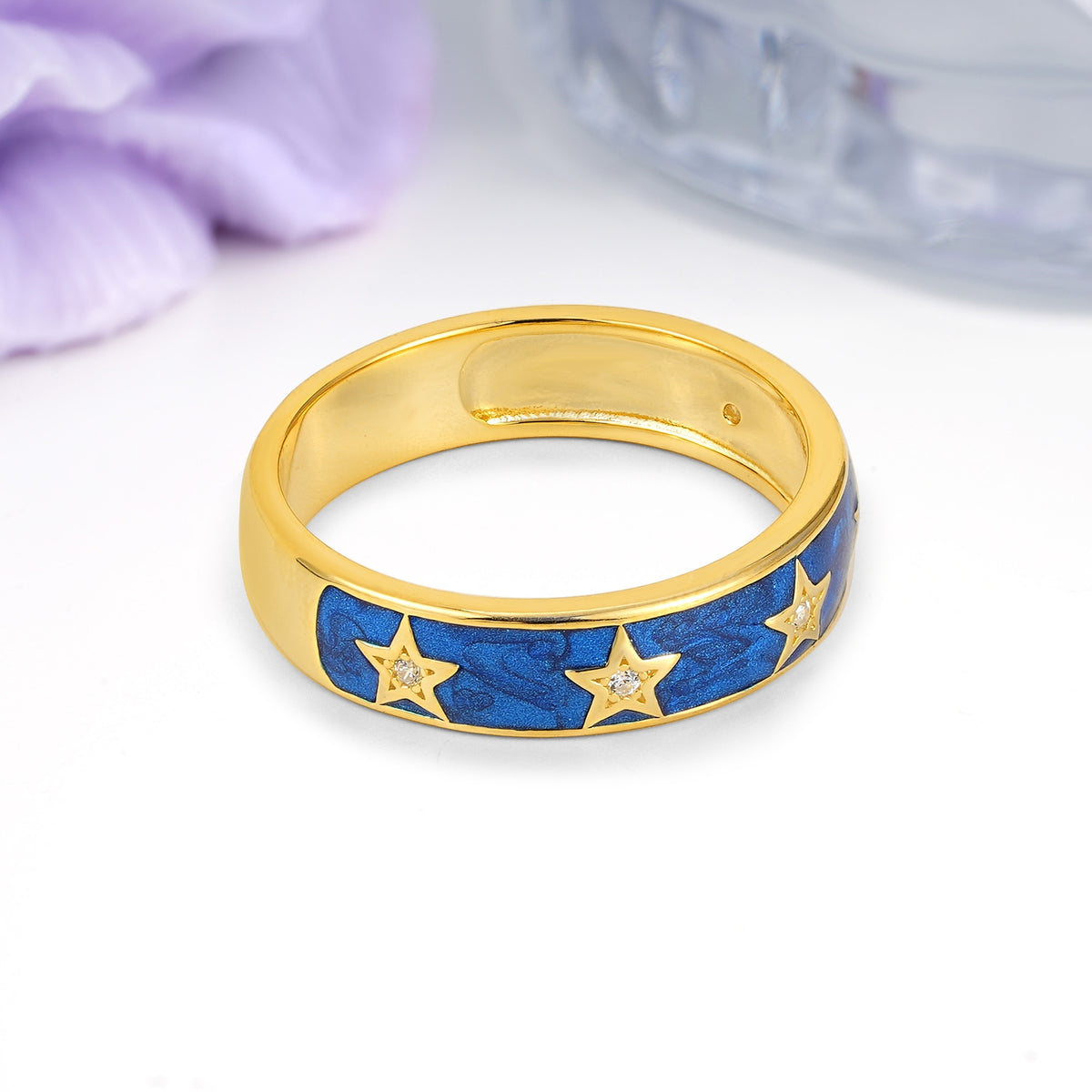 Magical Nebula Blue Enamel Five Star Celestial Groom & Bride Moissanite Wedding Ring - Additional view
