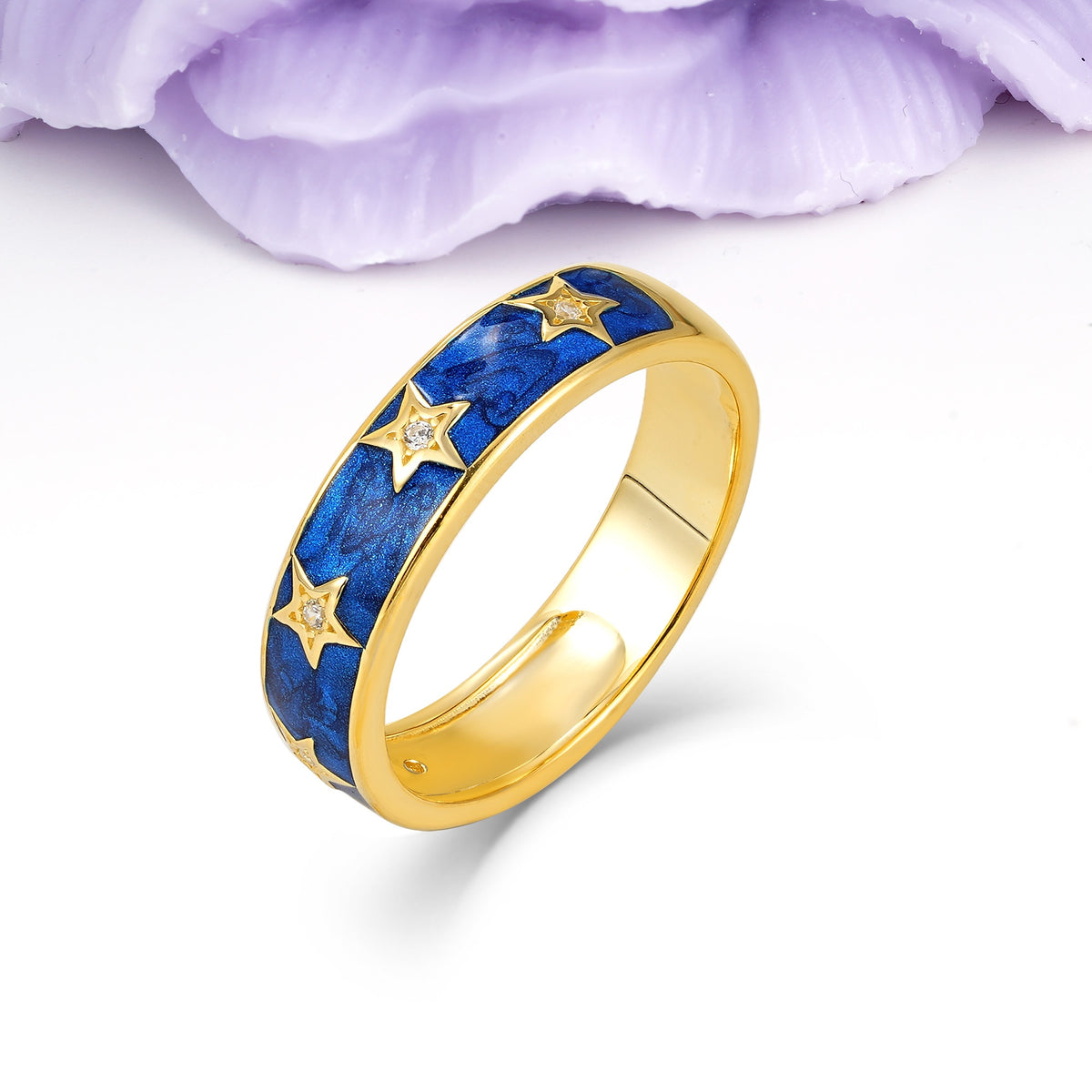 Magical Nebula Blue Enamel Five Star Celestial Groom & Bride Moissanite Wedding Ring - Additional view