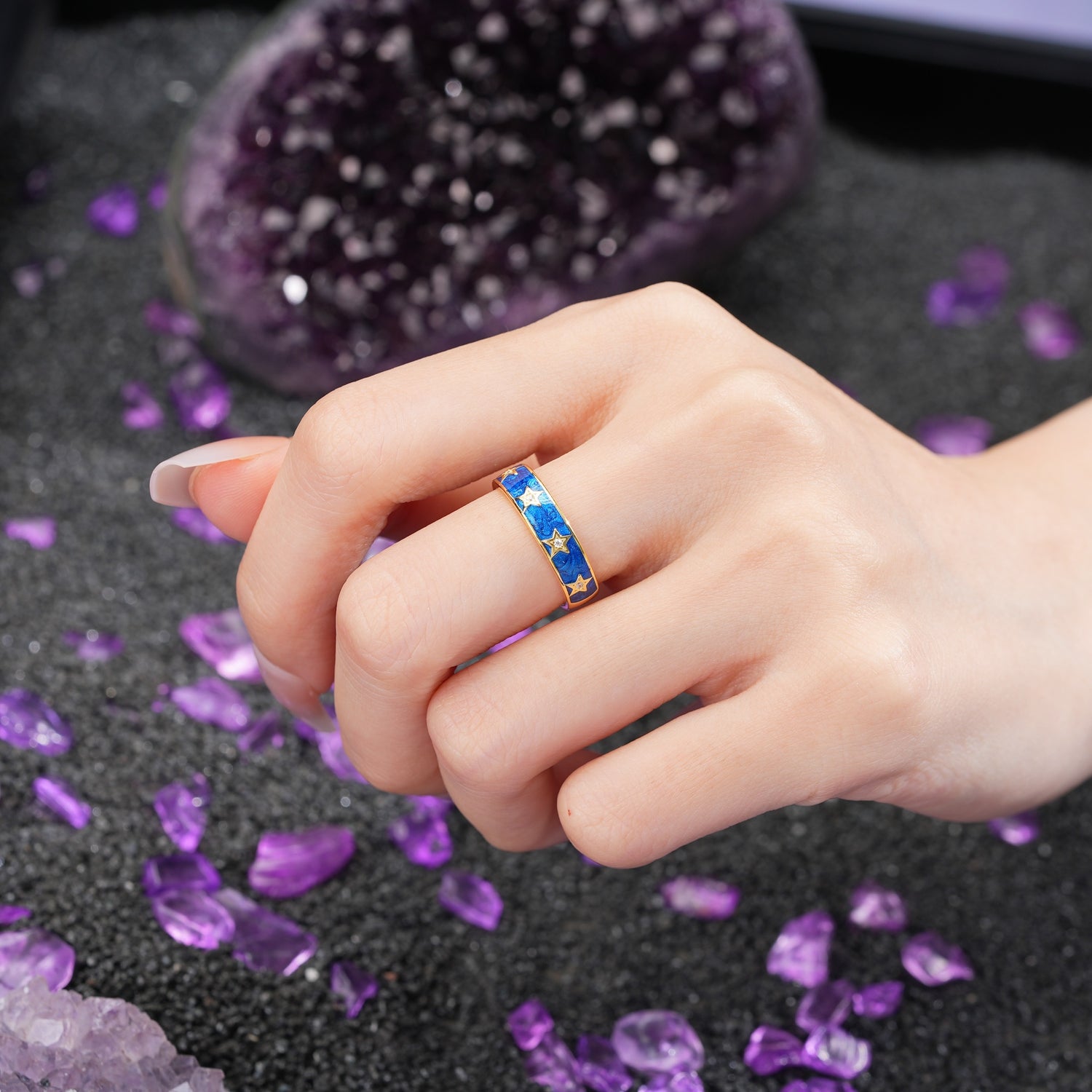 Magical Nebula Blue Enamel Five Star Celestial Groom & Bride Moissanite Wedding Ring - Additional view