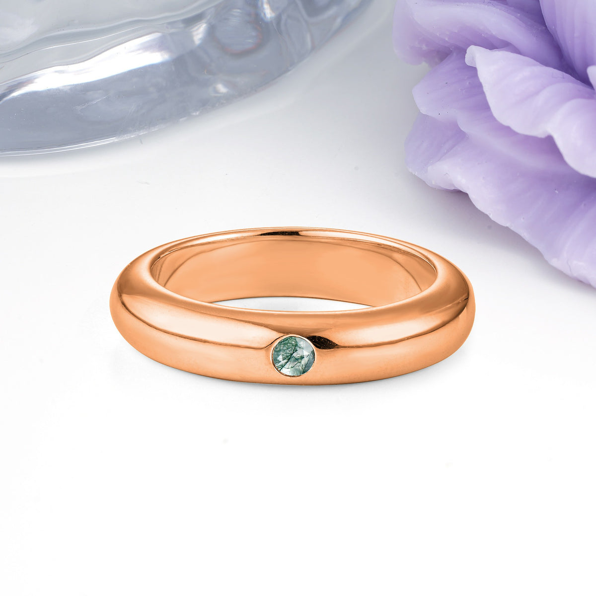 Sleek Polished Round‑Cut Moss Agate Solitaire Stackable Wedding Ring - Additional view