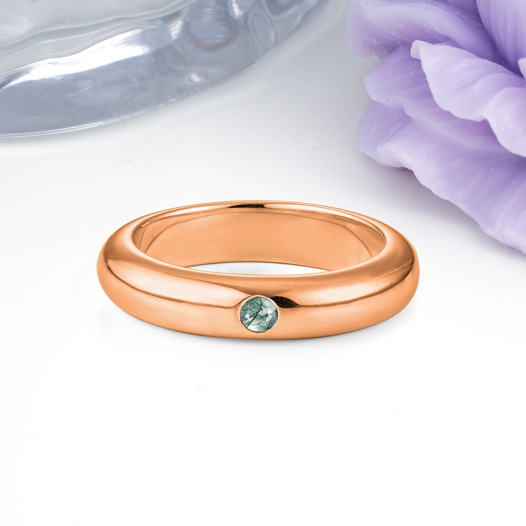 Sleek Polished Round‑Cut Moss Agate Solitaire Stackable Wedding Ring - Additional view