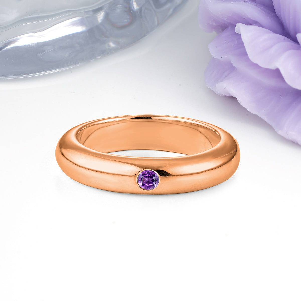 Sleek Polished Round‑Cut Amethyst Solitaire Stackable Wedding Ring - Additional view