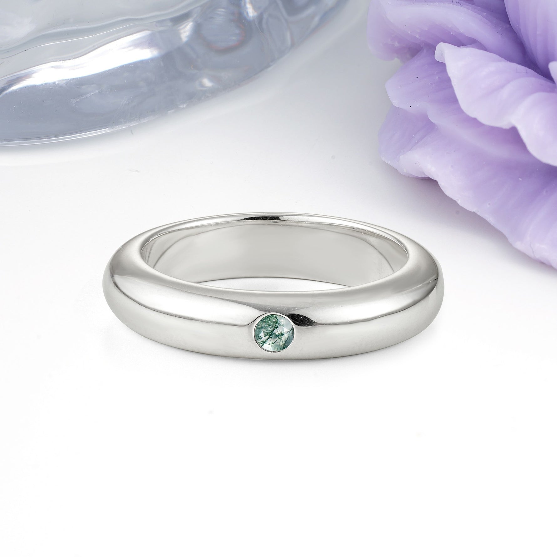 Sleek Polished Round‑Cut Moss Agate Solitaire Stackable Wedding Ring - Additional view