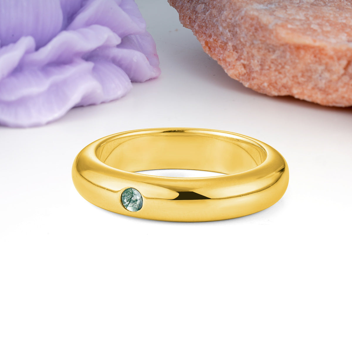 Sleek Polished Round‑Cut Moss Agate Solitaire Stackable Wedding Ring - Additional view
