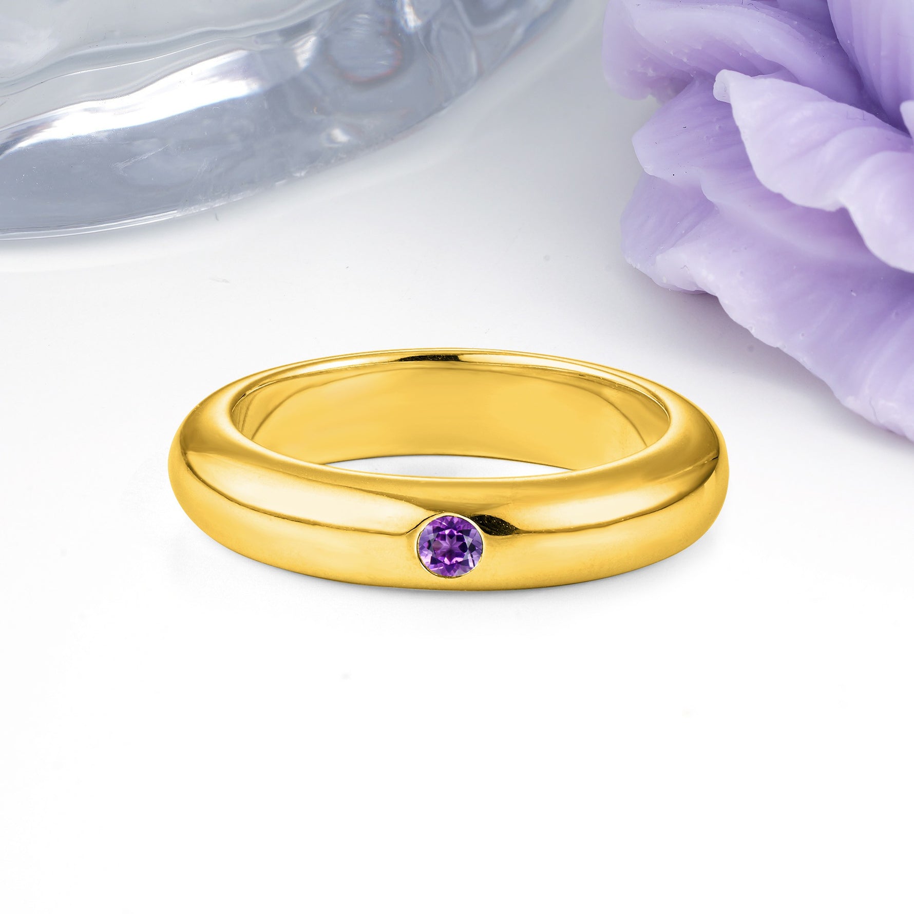 Sleek Polished Round‑Cut Amethyst Solitaire Stackable Wedding Ring - Additional view