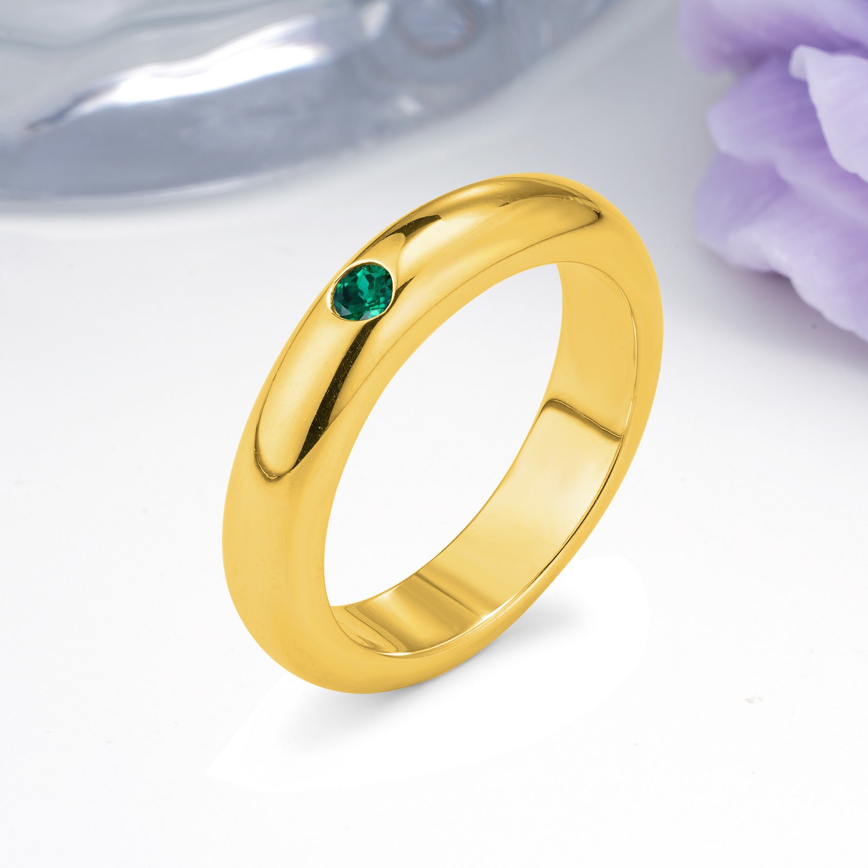 Sleek Polished Round‑Cut Emerald Solitaire Stackable Wedding Ring - Additional view