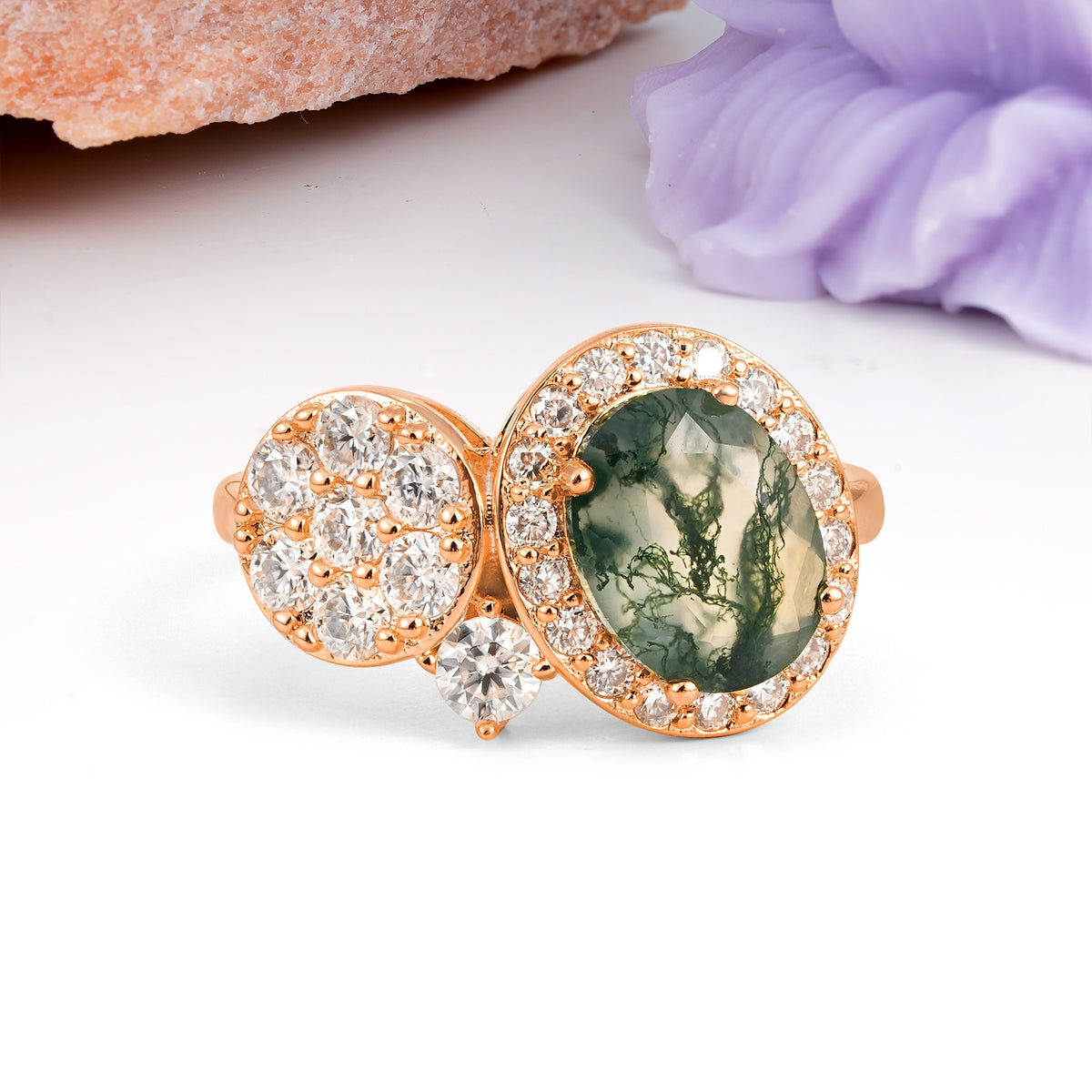 Unique 4-Prong Oval Cut Moss Agate Engagement Ring - Additional view