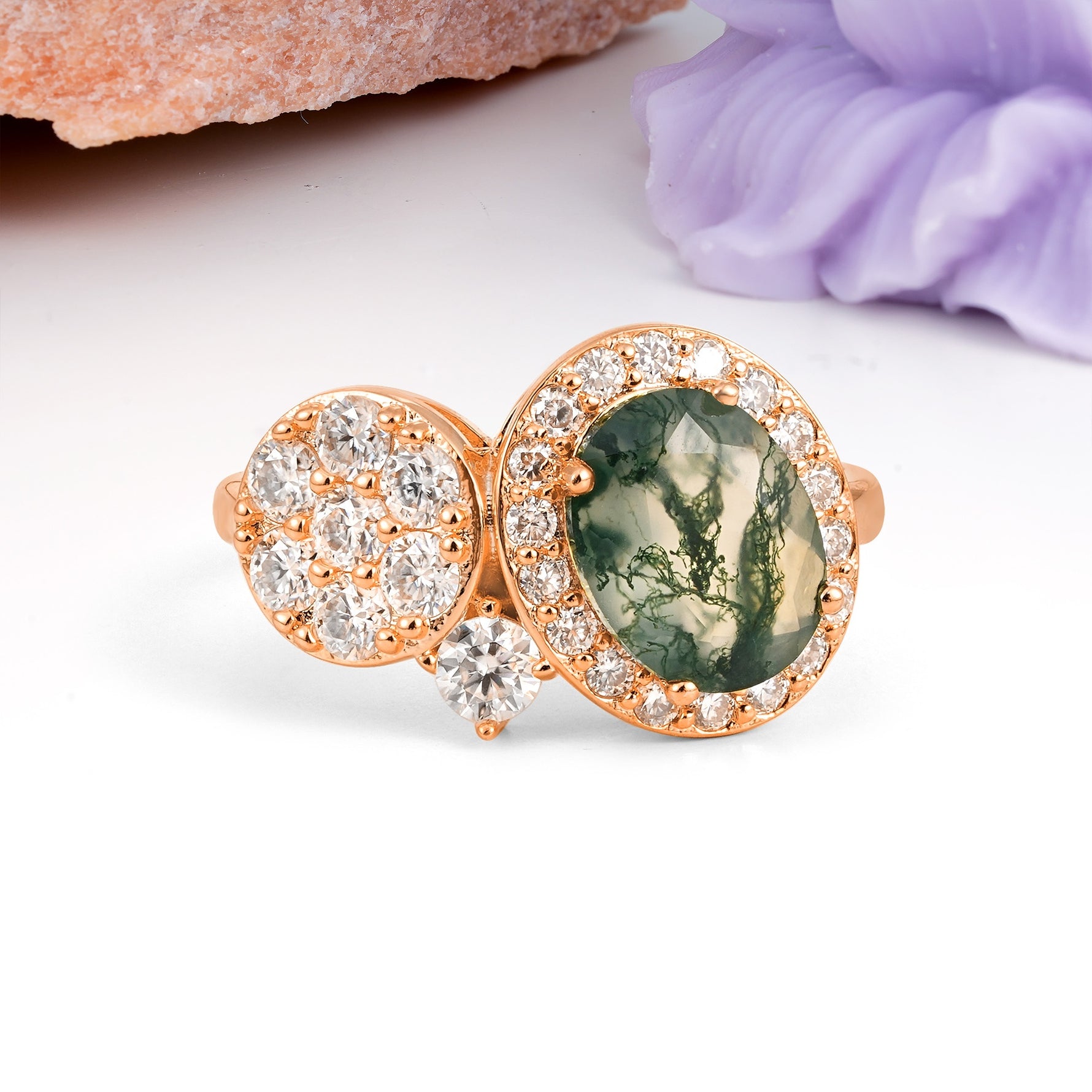 Unique 4-Prong Oval Cut Moss Agate Engagement Ring - Additional view