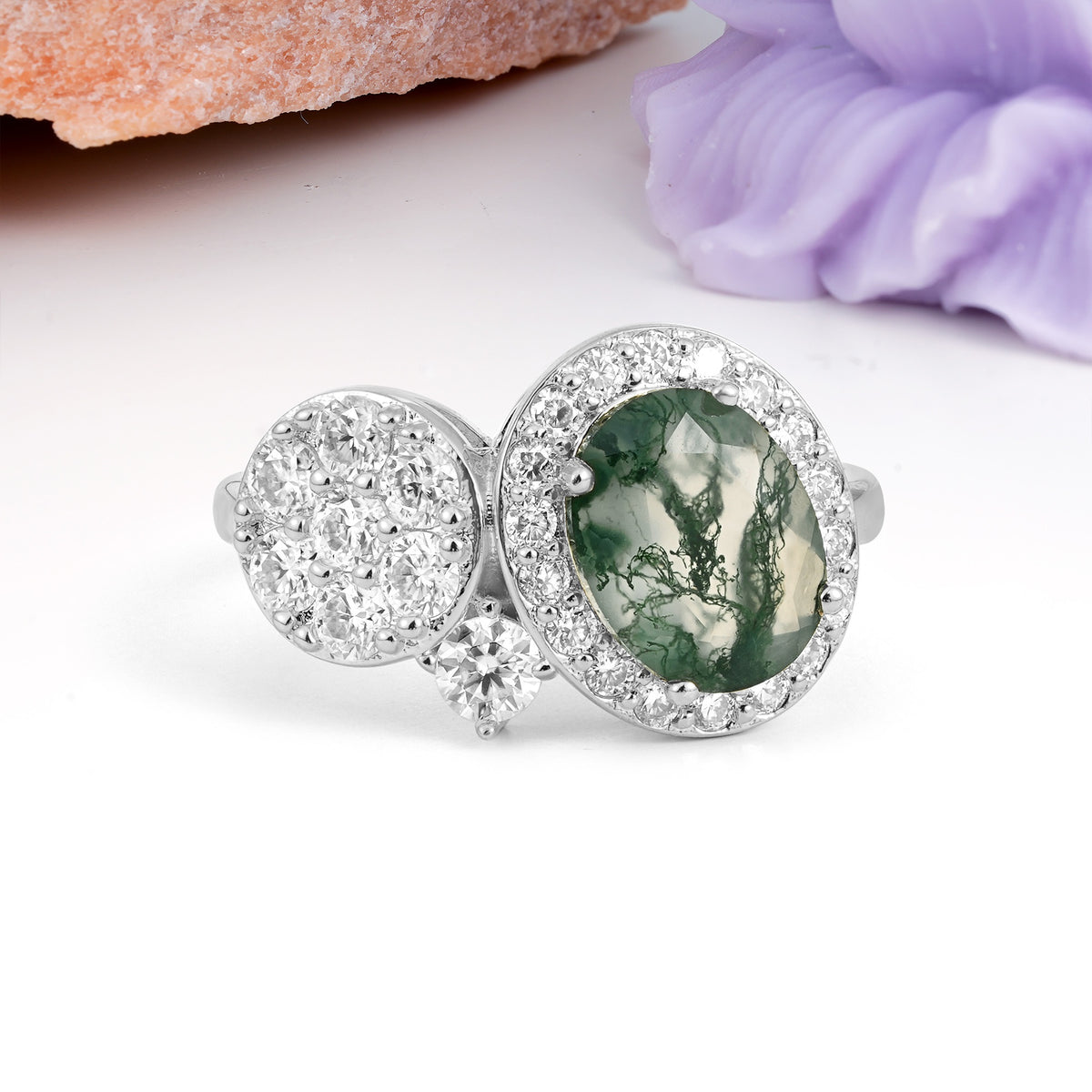 Unique 4-Prong Oval Cut Moss Agate Engagement Ring - Additional view
