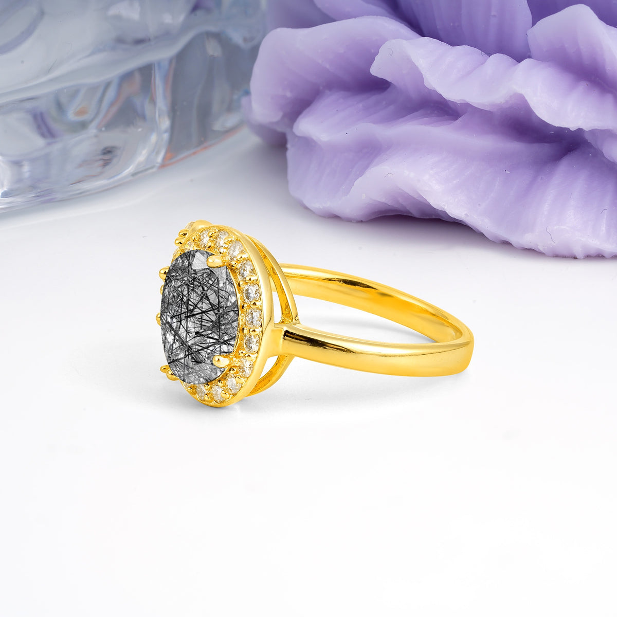 Unique 4-Prong Oval Cut Black Rutilated Quartz Engagement Ring - Additional view