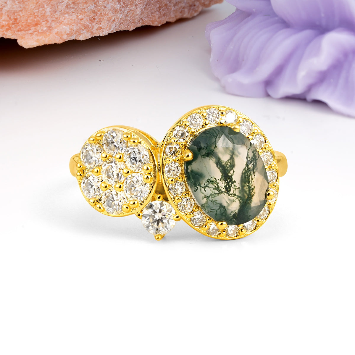 Unique 4-Prong Oval Cut Moss Agate Engagement Ring - Additional view