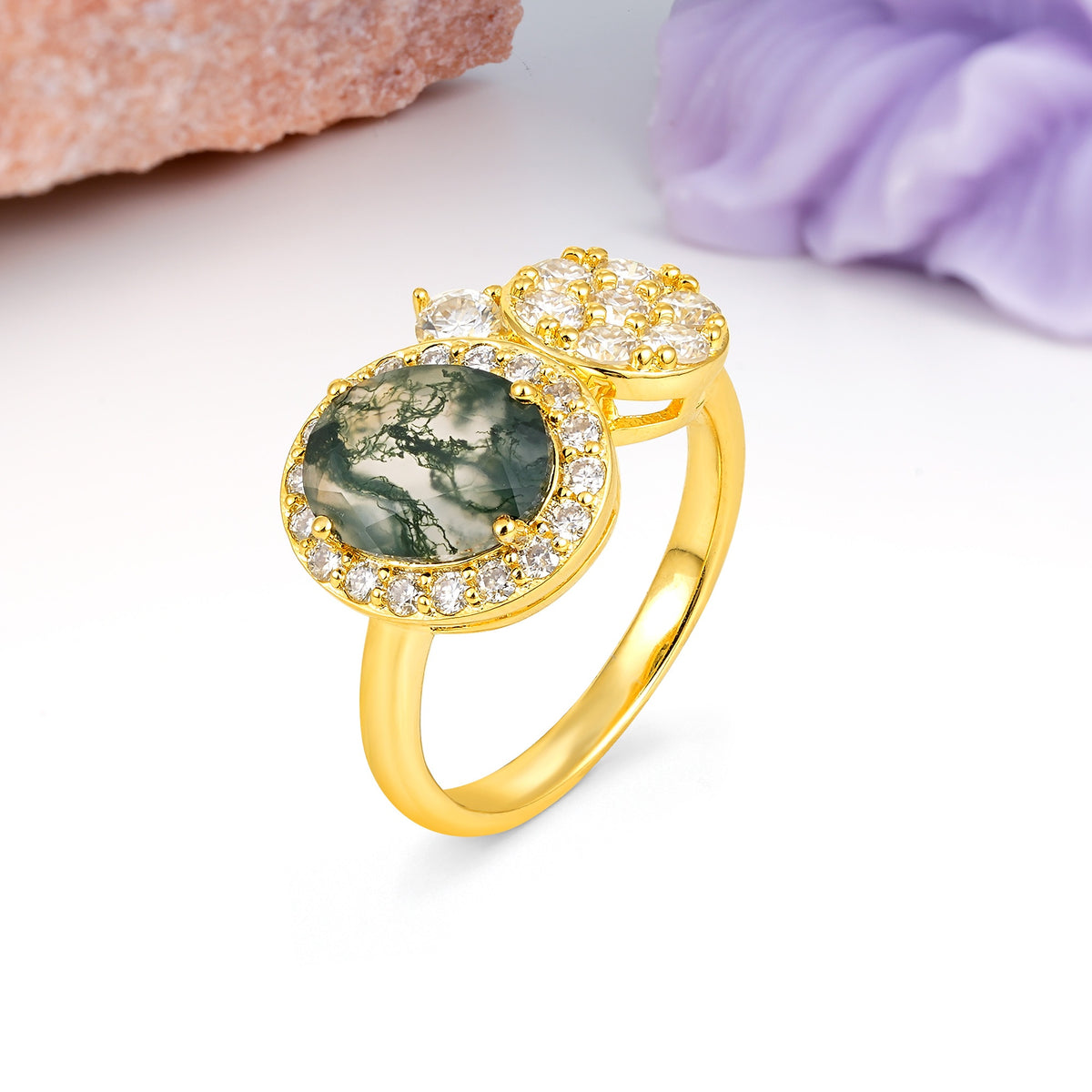Unique 4-Prong Oval Cut Moss Agate Engagement Ring - Additional view