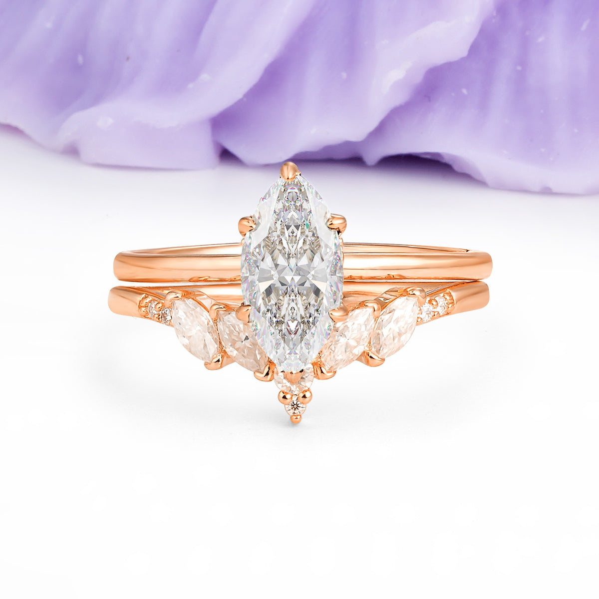 Classic, Luxurious 6-Prong Marquise Cut Moissanite Bridal Ring Set - Additional view