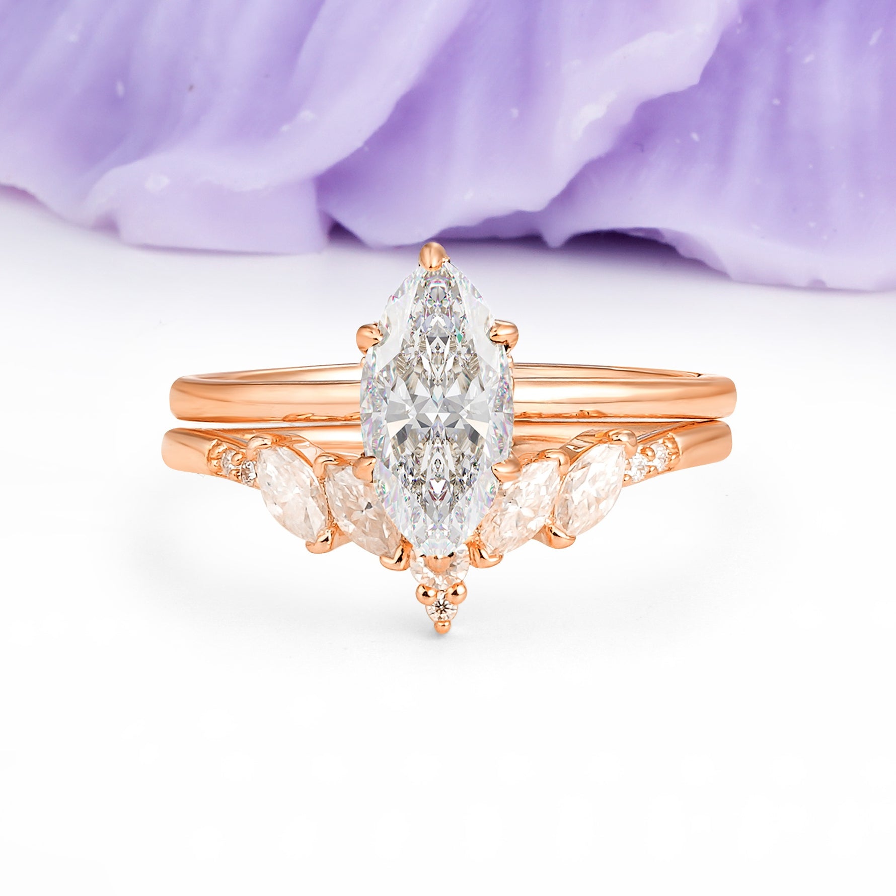 Classic, Luxurious 6-Prong Marquise Cut Moissanite Bridal Ring Set - Additional view