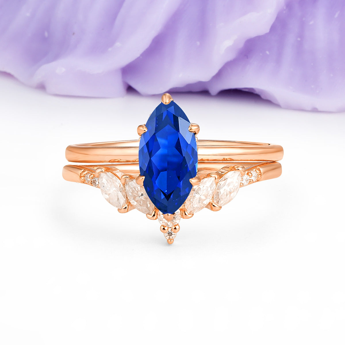 Classic, Luxurious 6-Prong Marquise Cut Sapphire Bridal Ring Set - Additional view