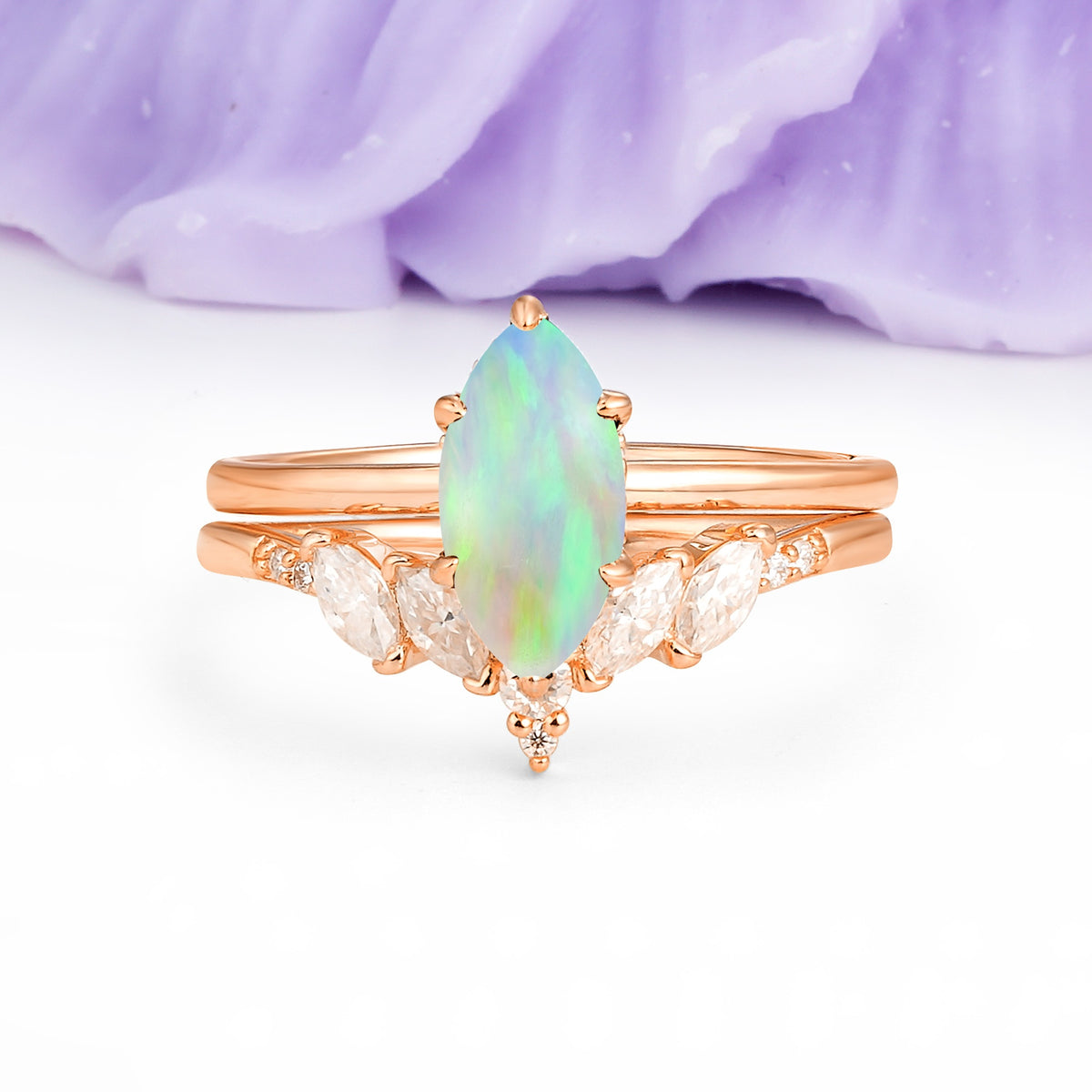 Classic, Luxurious 6-Prong Marquise Cut Fire Opal Bridal Ring Set - Additional view