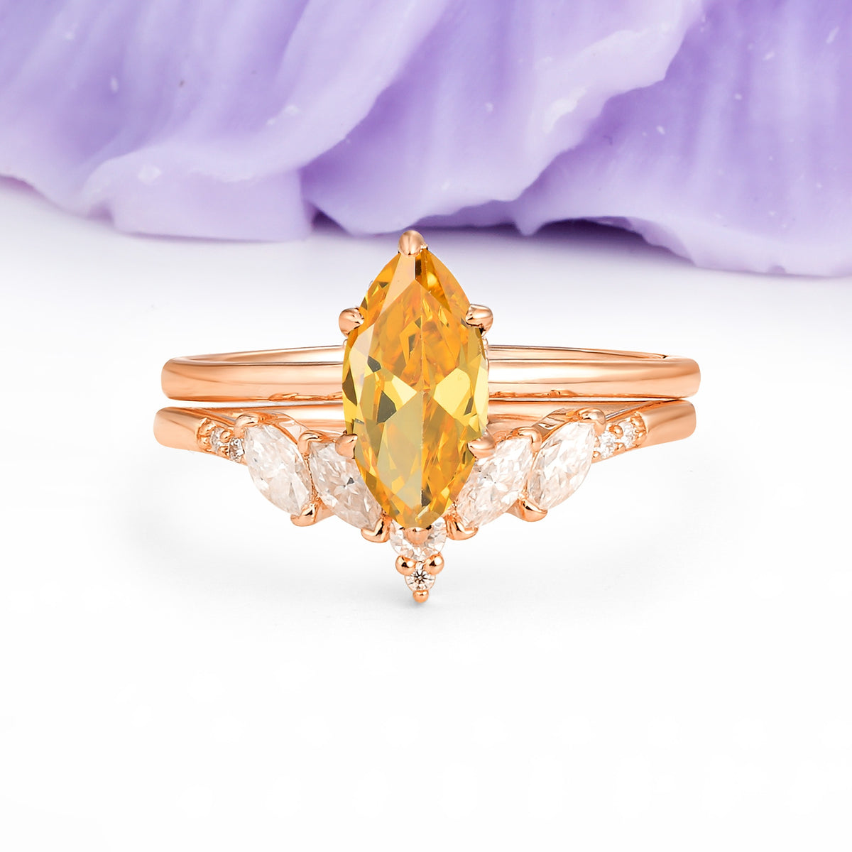Classic, Luxurious 6-Prong Marquise Cut Citrine Bridal Ring Set - Additional view