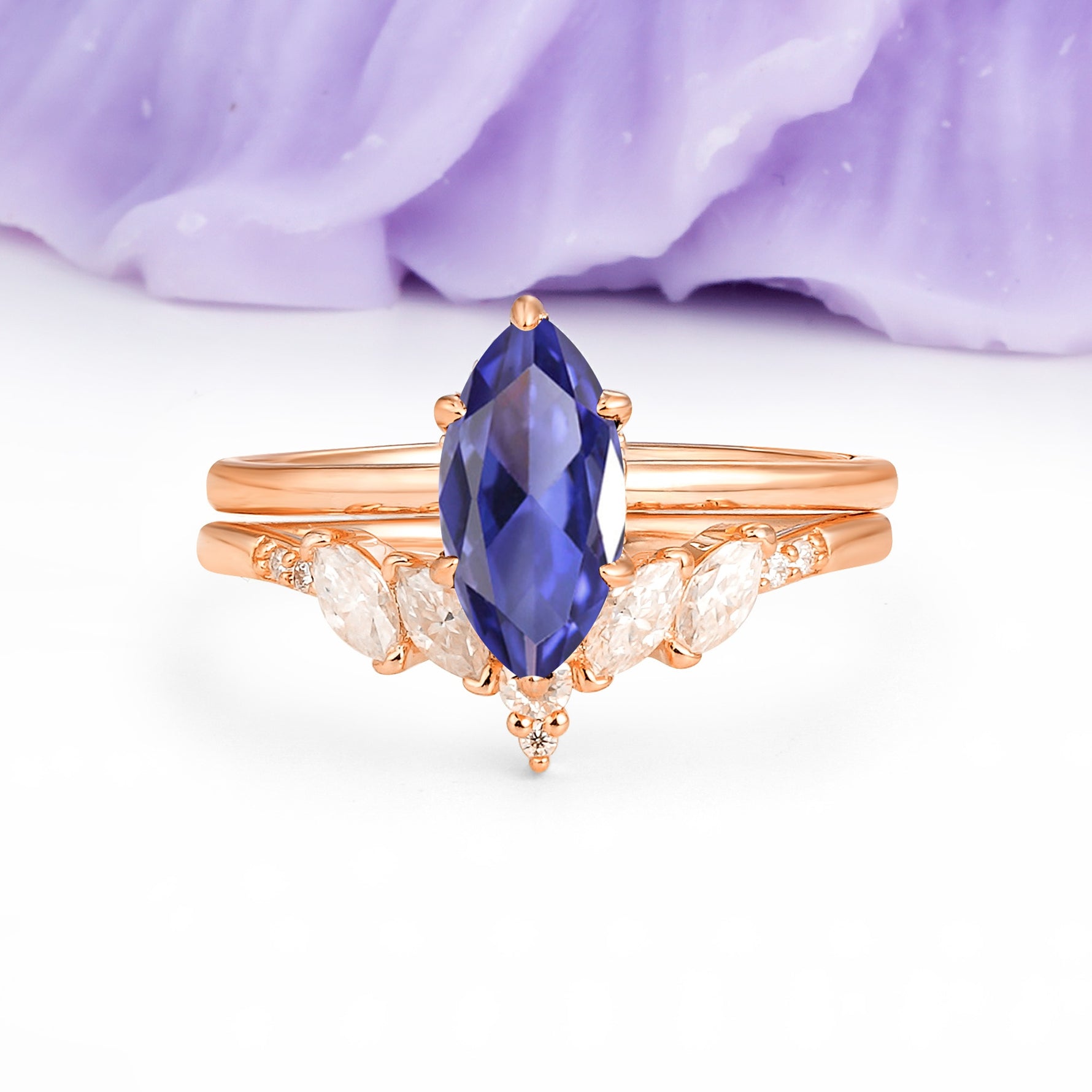 Classic, Luxurious 6-Prong Marquise Cut Tanzanite Bridal Ring Set - Additional view